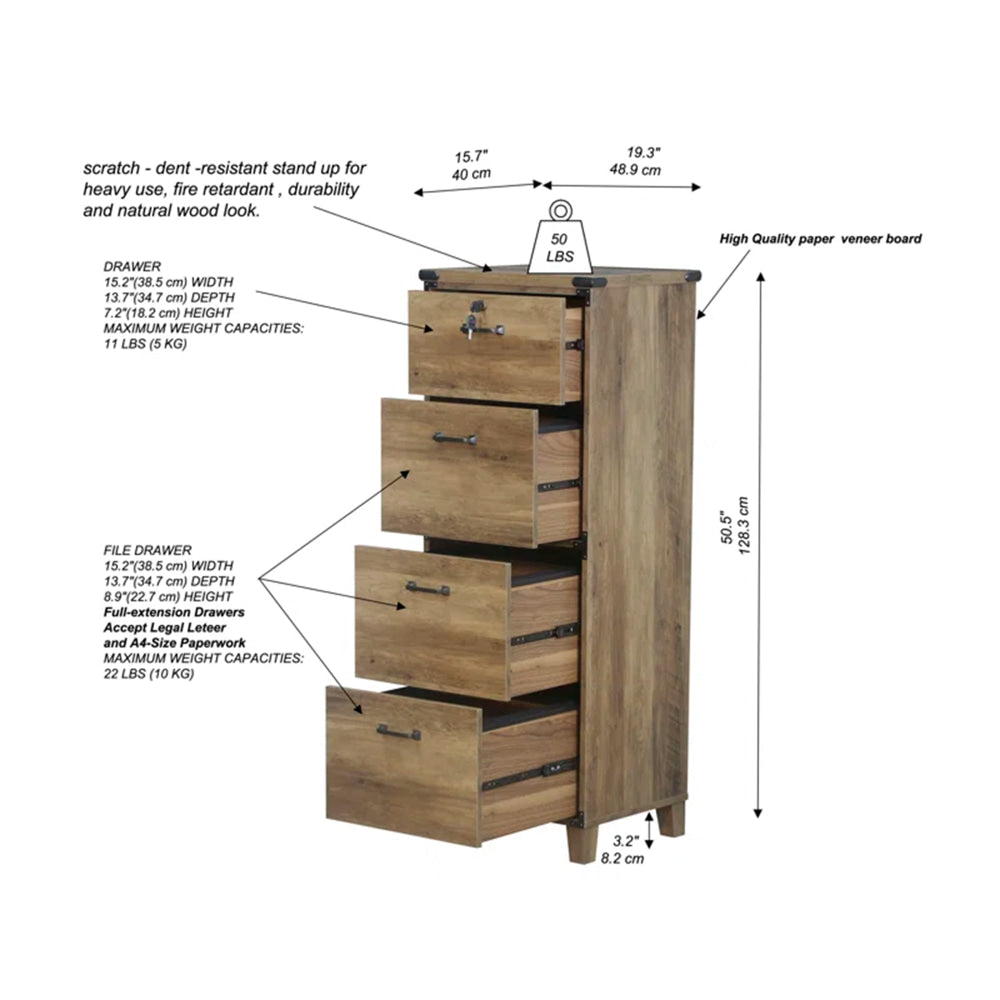 Rustic Oak 4-Drawer Tall Filing Cabinet - Office Storage Organizer for Documents, Files & Supplies | Perfect for Home Office, Workspace & Business Organization
