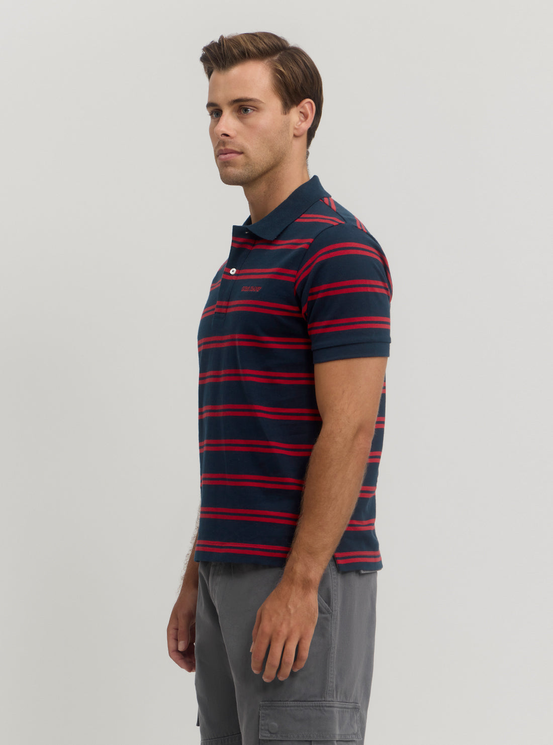Guess Jeans Men's Red & Blue Striped Polo T-Shirt - Casual Short Sleeve Cotton Shirt for Summer, Golf, and Everyday Wear