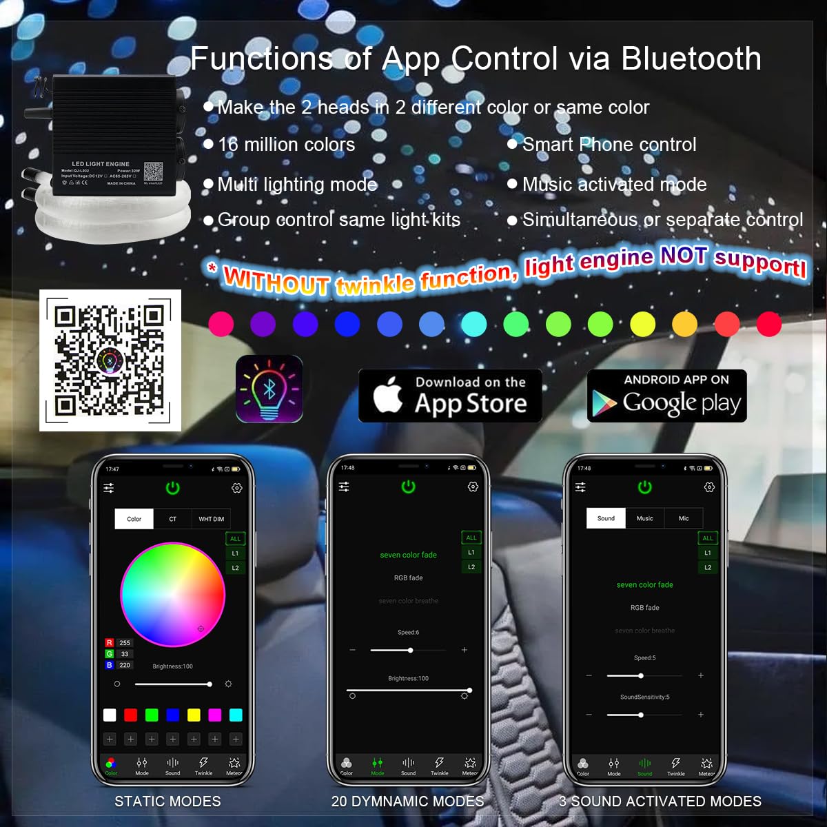 AKEPO 32W Dual-Head RGBW Smart Fiber Optic Light Kit with 750pcs Mixed Fibers (9.8ft) - Music Sync & APP Control for Star Ceiling, Truck Headliner & Home Decoration | Perfect for Bedrooms, Parties & Vehicle Customization