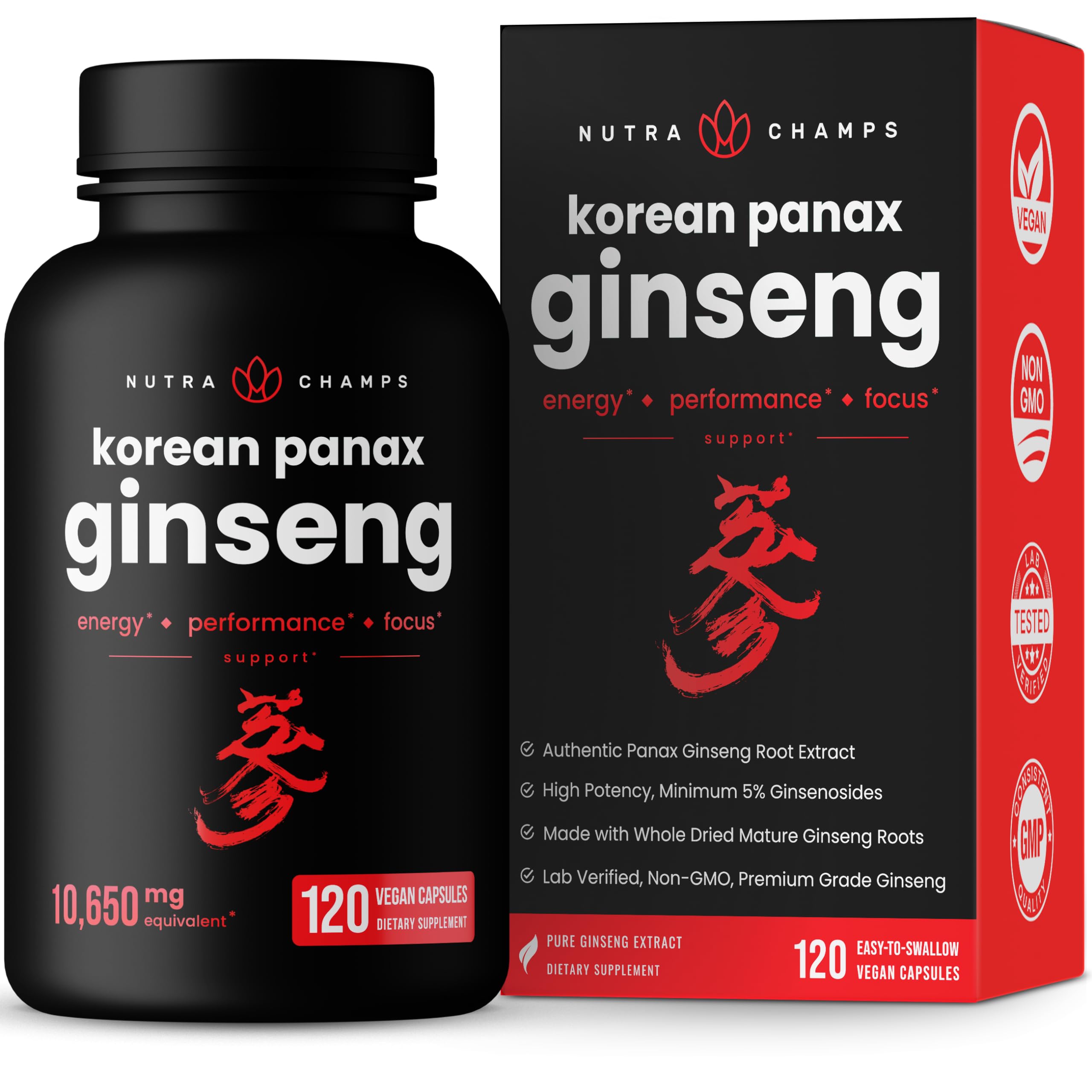 NutraChamps Korean Red Panax Ginseng Capsules 120 Count - Extra Strength Ginseng Root Extract with Ginsenosides for Energy Boost, Mental Focus & Immune Support - Natural Performance Enhancer for Athletes, Students & Busy Professionals