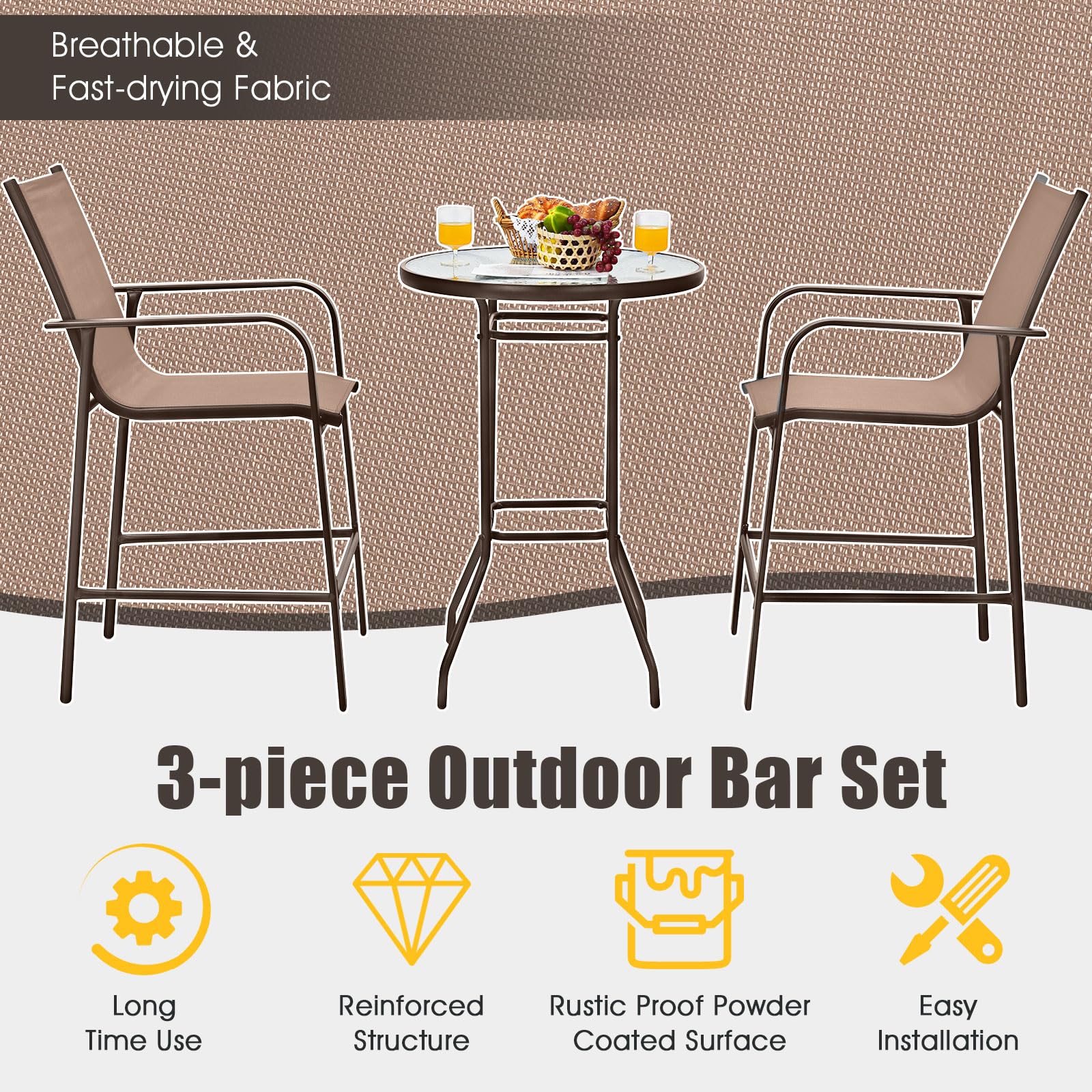 Tangkula 3-Piece Outdoor Patio Bar Set - 2 Bar Stools & 1 Tempered Glass Table, Bistro Height for Backyard, Garden, Balcony - Perfect for Coffee, Dining & Outdoor Relaxation