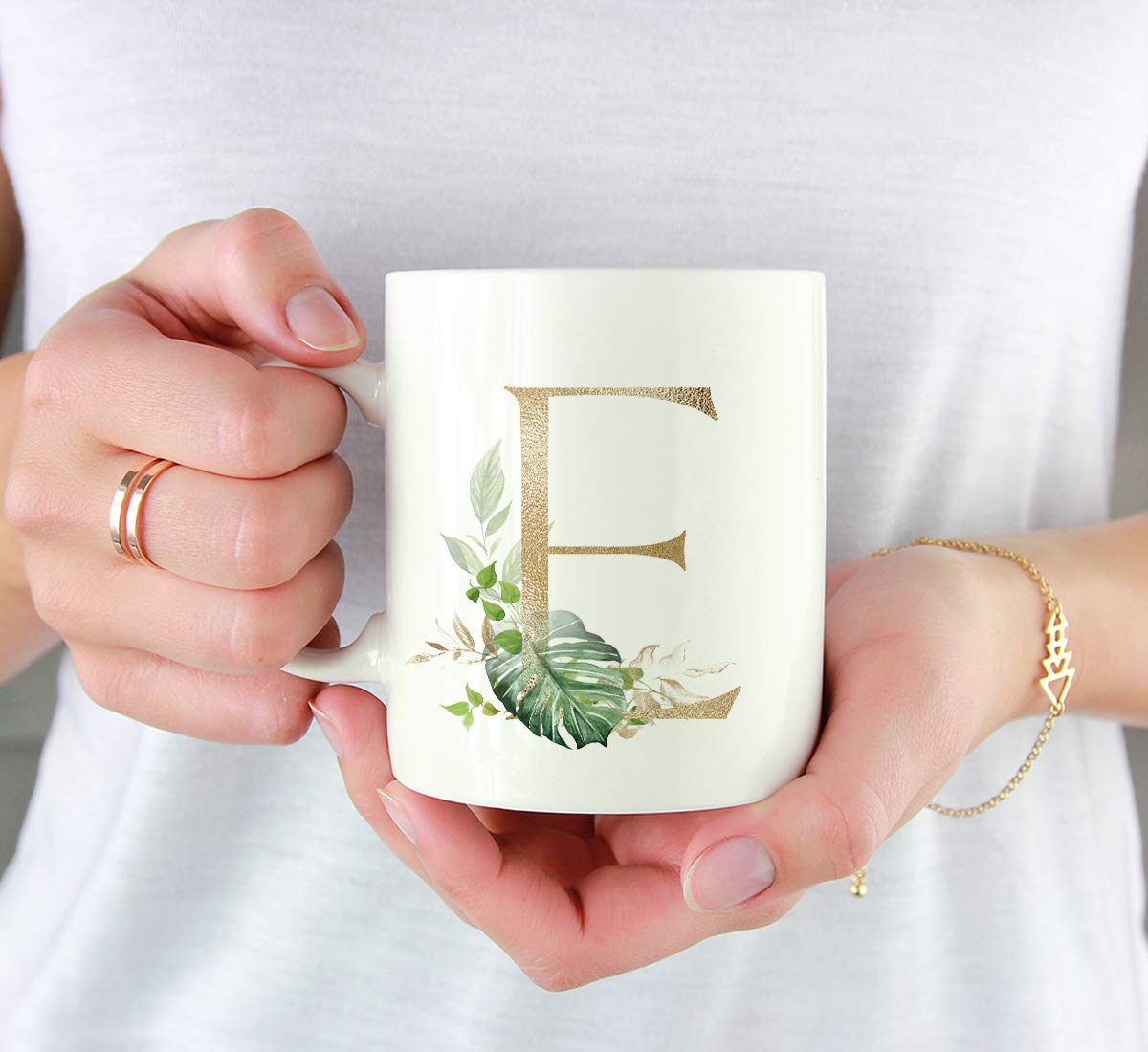 Andaz Press 11oz Ceramic Coffee Mug with Gold Monogram Letter E & Green Palm Leaves - Tropical Themed Tea Cup for Birthday, Bridesmaid Gift, Christmas - Perfect for Home, Office, or Gift Giving