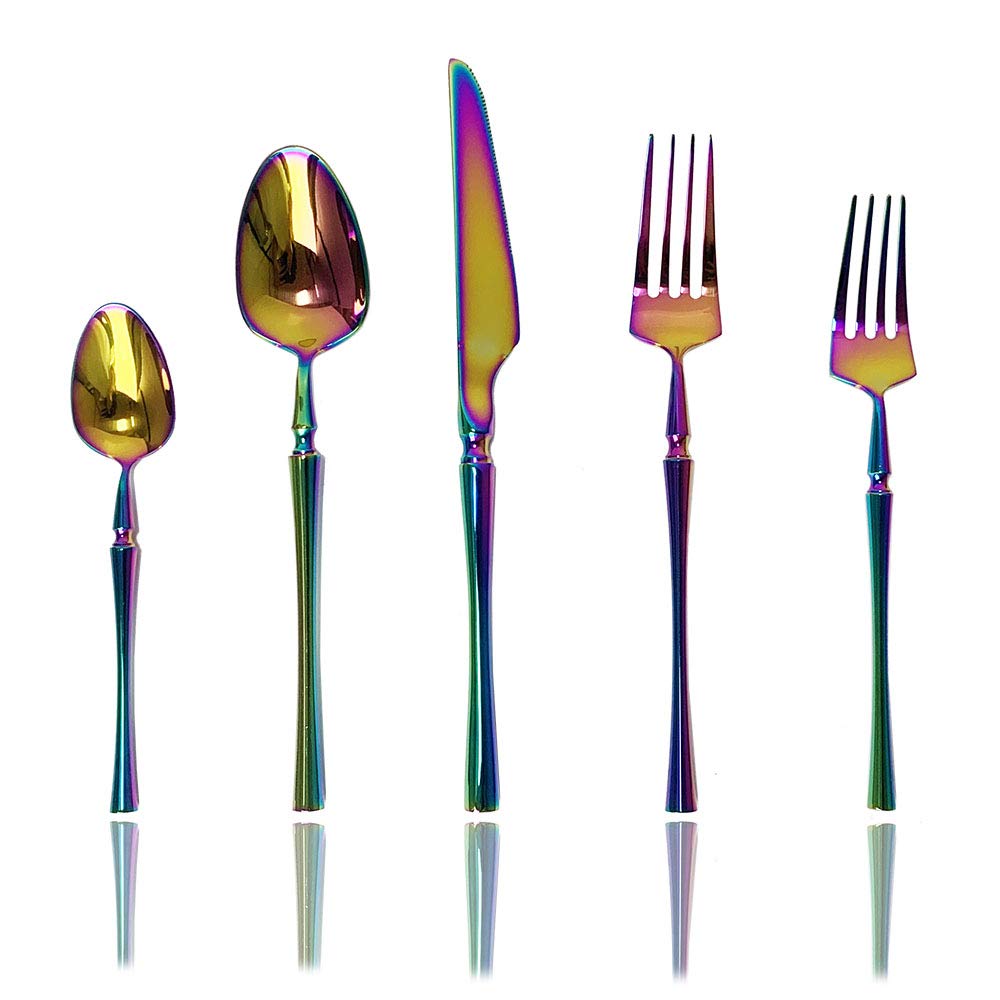 JASHII 5-Piece Rainbow Silverware Set - Stainless Steel Flatware Cutlery Set for 1 Person - Dishwasher Safe - Perfect for Wedding, Party, Festival & Home Kitchen Use - Elegant Dining Utensils for Everyday Meals & Special Occasions