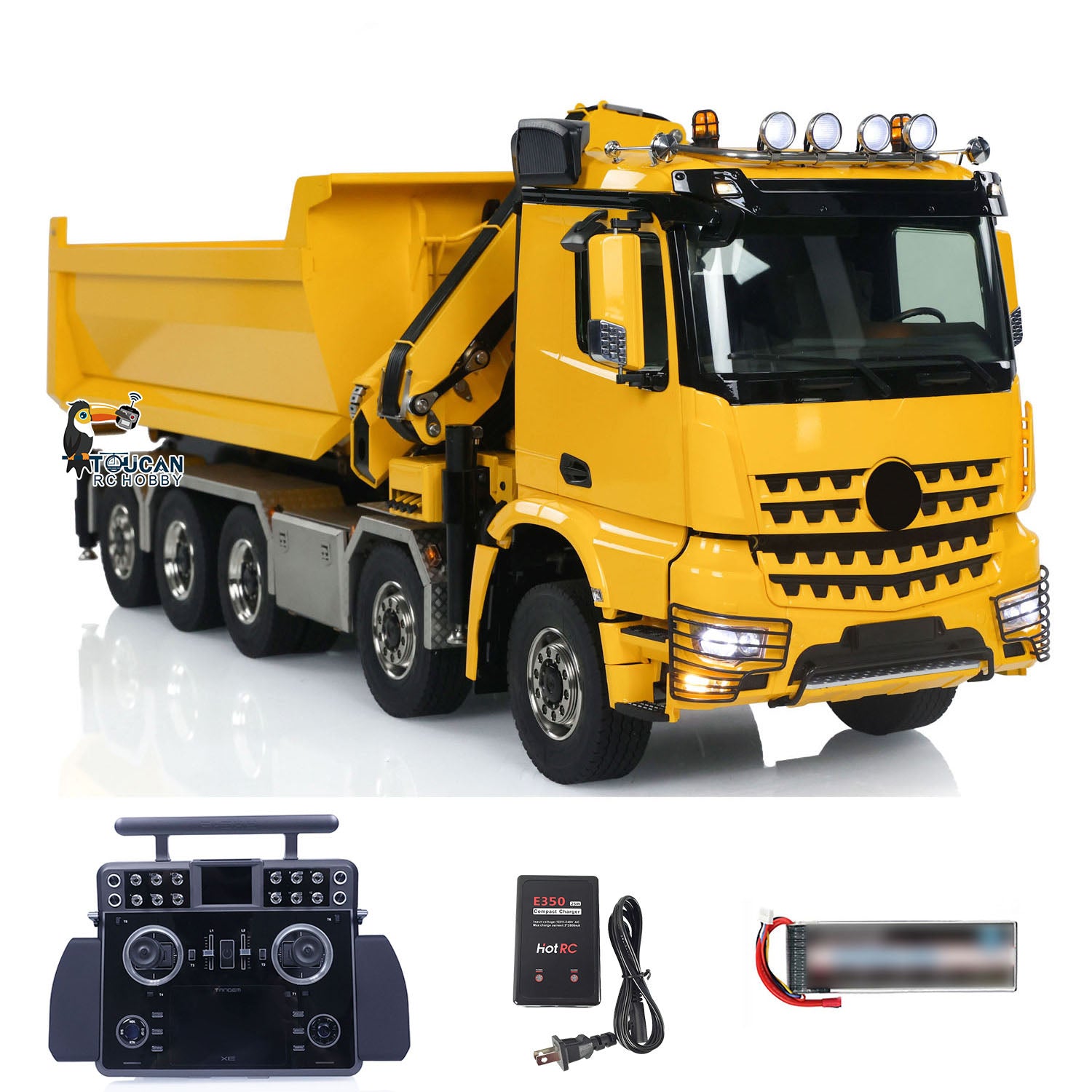 1:14 Scale 10x10 RC Hydraulic Crane Truck - Full Dump Metal Lorry with Rear Axle Steering & U-Shaped High-Standard Bucket & Timber Flatbed - Perfect for Construction Site Simulation, RC Hobbyists, and Collectors