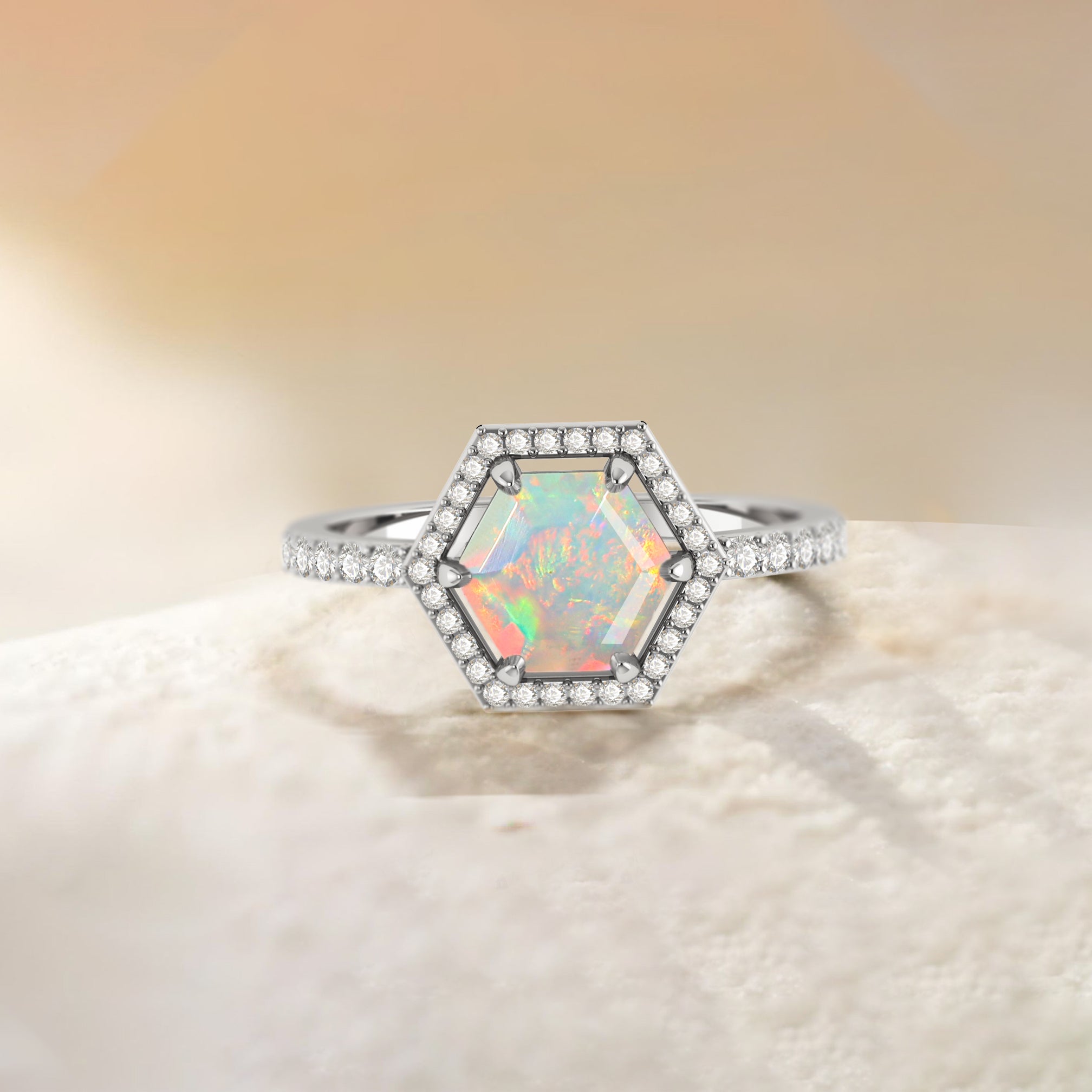 Hexagon Style Natural White Opal Halo Ring - 14K Gold Engagement Wedding Ring for Women, Perfect for Anniversary, Proposal, and Special Occasions