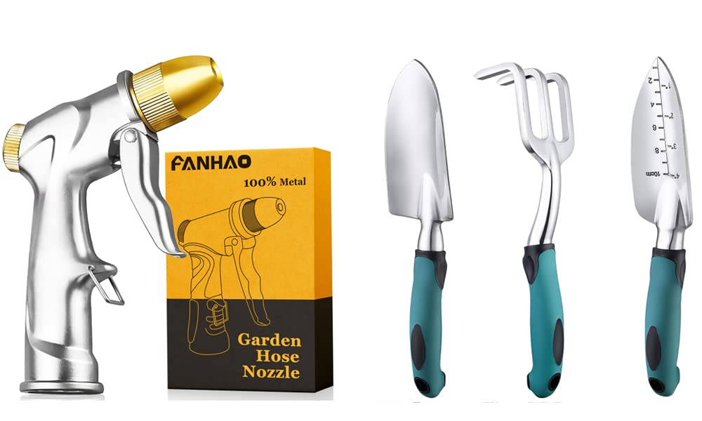 FANHAO 100% Heavy Duty Metal Garden Hose Nozzle with 8 Spray Patterns - Durable Garden Tools Set for Watering, Cleaning & Car Washing - Perfect for Lawns, Patios & Outdoor Use