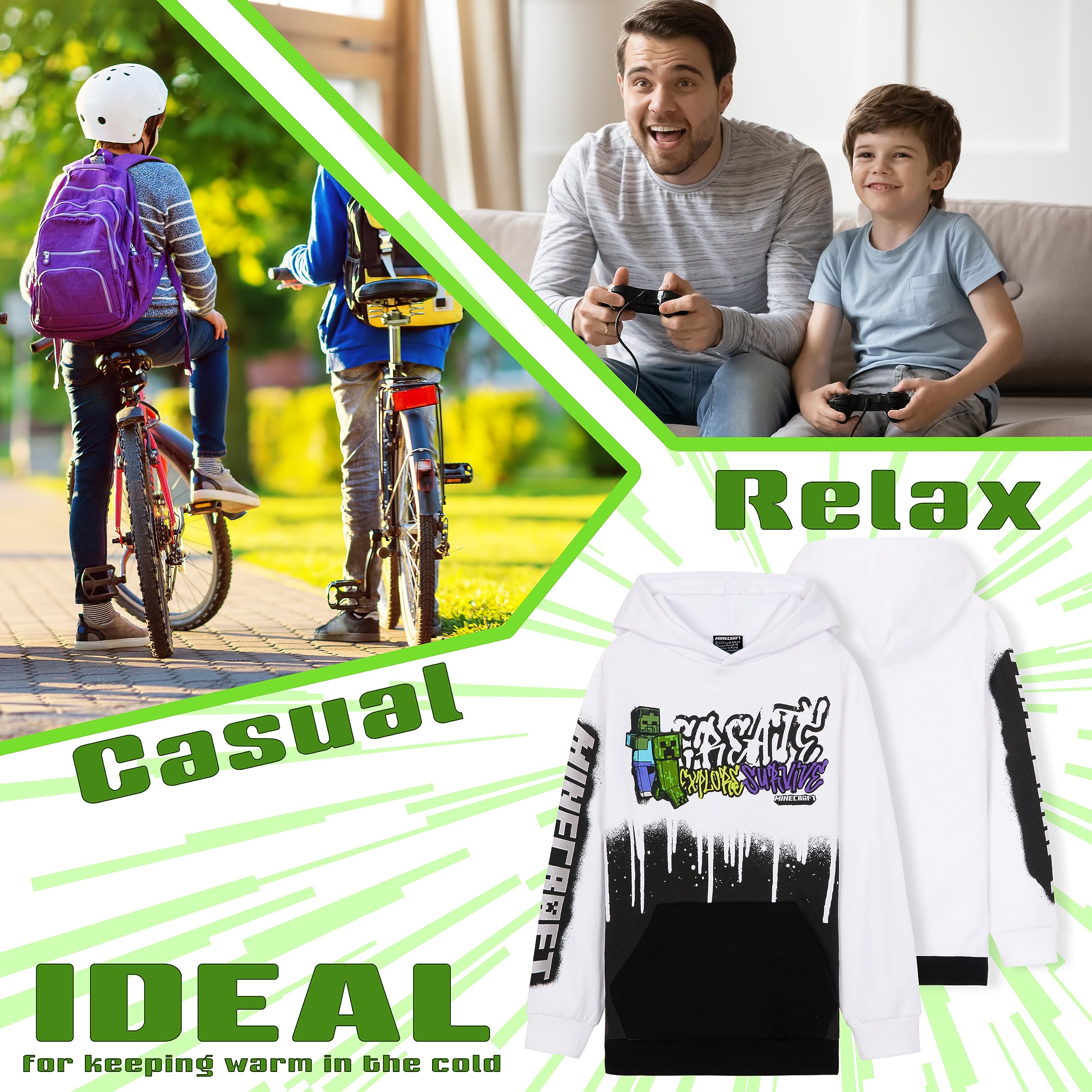 Minecraft Creeper Hoodie for Boys & Teens (Ages 5-14) - Gaming Gifts for Kids - Perfect for School, Gaming Parties & Everyday Wear