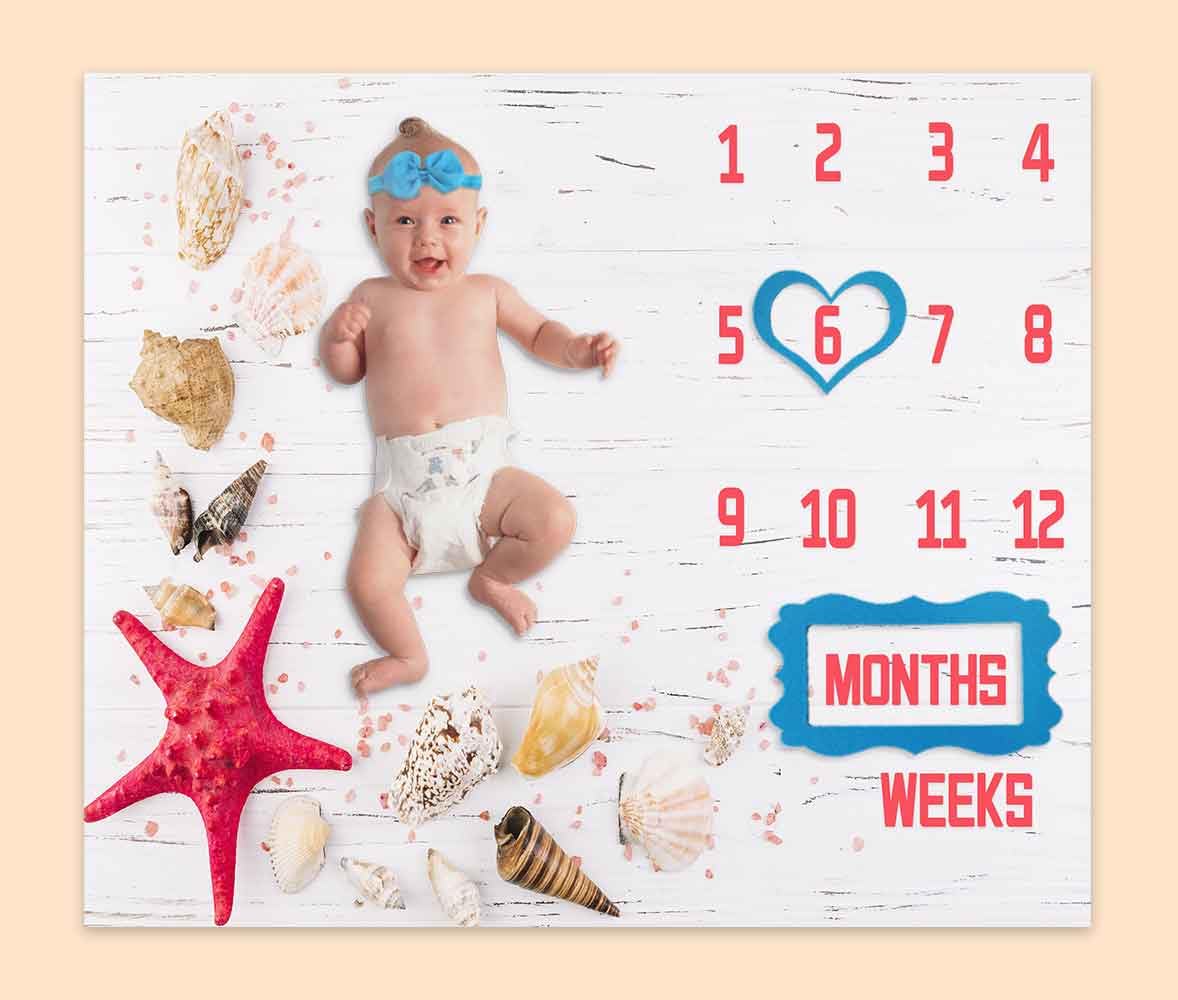 Boho Milestone Baby Blanket for Newborn Photography - 48x40 Inch Sea Shell Design with 1-12 Month Markers, Includes 4 Frames & Headband (BTXTPH914) - Perfect for Monthly Baby Photos, Nursery Decor and First Birthday Gifts