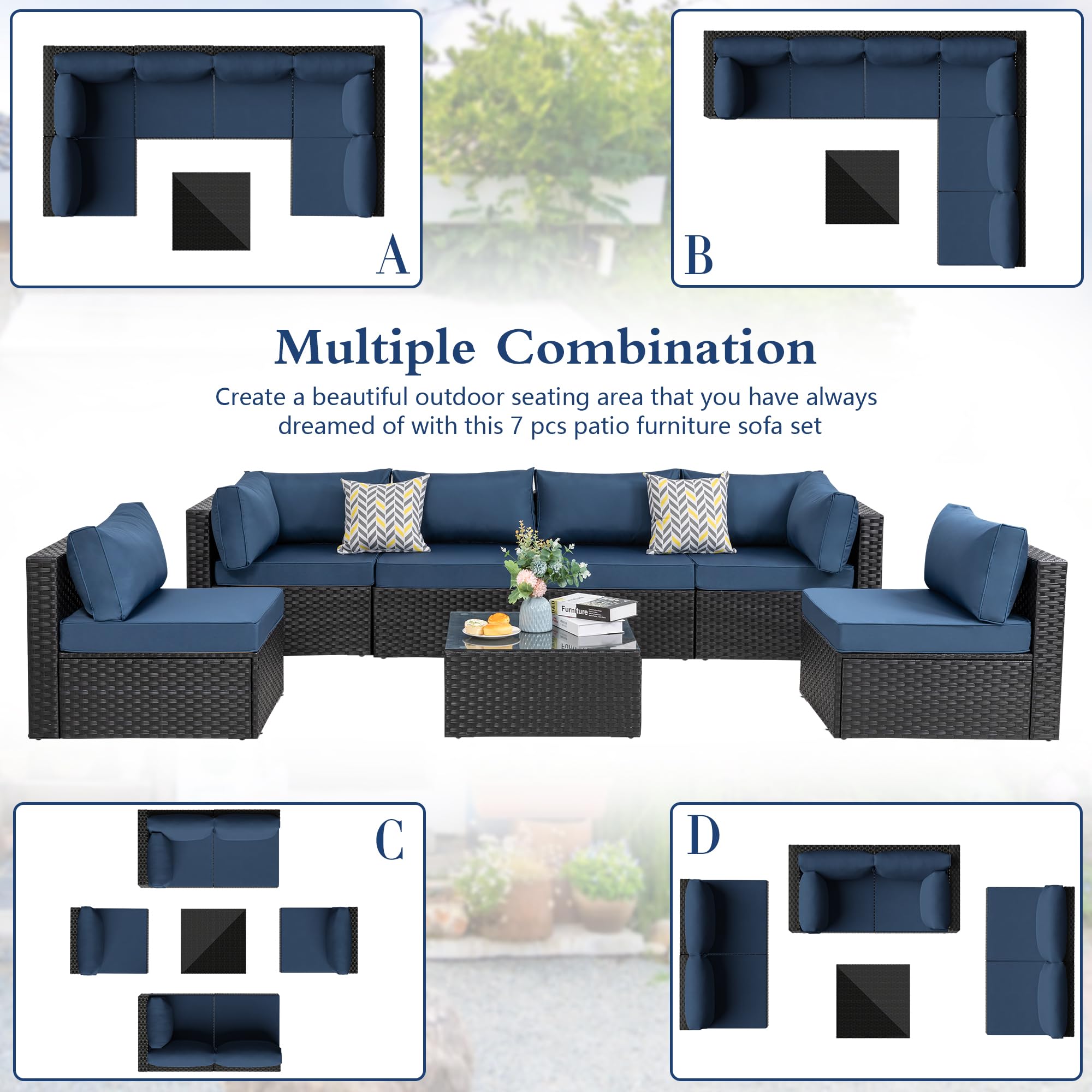 JAMFLY 7-Piece Outdoor Patio Furniture Sectional Set - Black Wicker Rattan Sofa with Coffee Table, Aegean Blue Cushions | Perfect for Garden, Backyard, Poolside & Balcony Relaxation