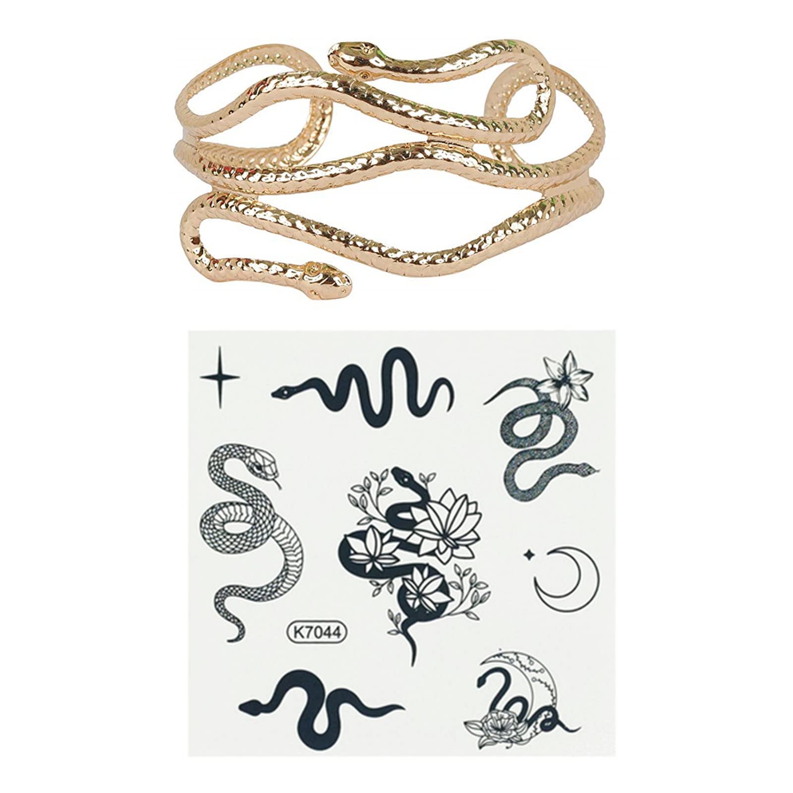 Egyptian Cleopatra Swirl Snake Arm Cuff Bracelet - Open Bangle Armlet with Matching Temporary Tattoos - Perfect for Costume Parties, Halloween, and Boho Fashion Accessories