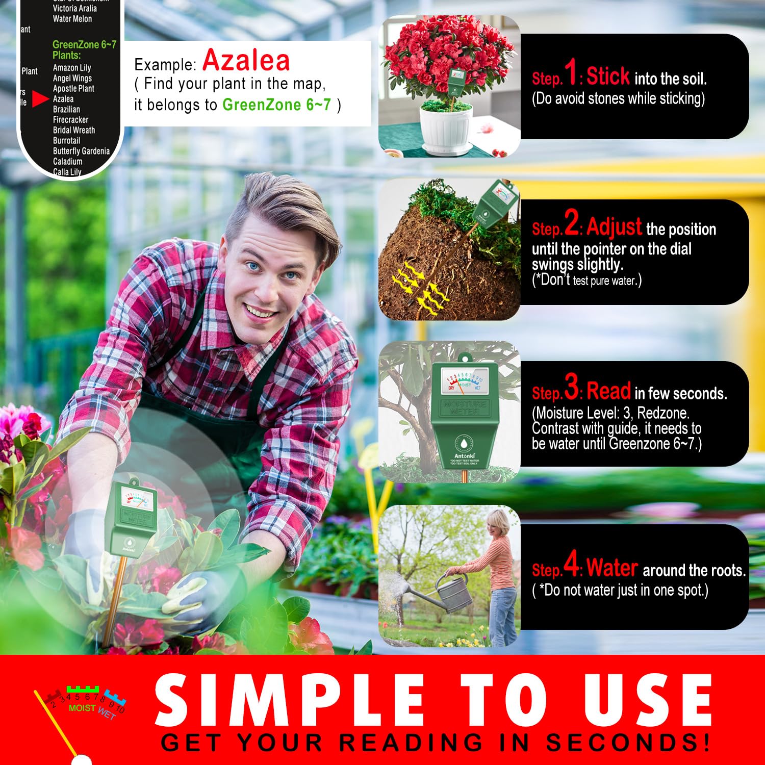 Antonki 2 Pack Soil Moisture Meter - Plant Water Tester Hygrometer Sensor for Indoor/Outdoor Potted Plants, Flowers, Gardening & Farming - No Batteries Needed | Perfect for Home Garden, Lawn Care & Greenhouse Monitoring