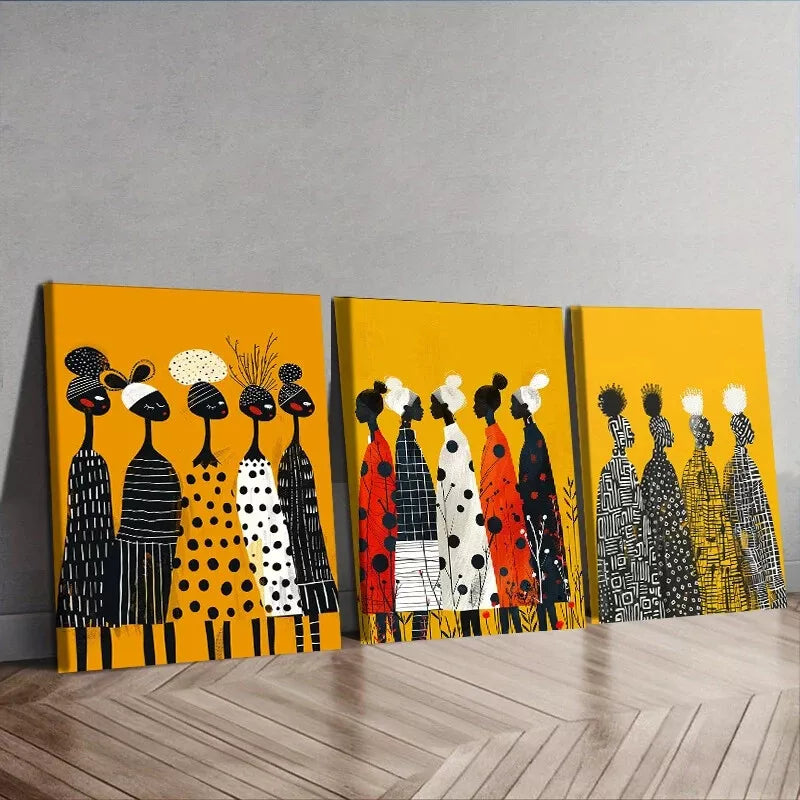 3-Piece African Women Group Yellow Background Wall Art Canvas Set - Framed 50x70cm High Quality Print | 100% Australian Made | Ready to Hang | Perfect for Living Room, Bedroom & Office Decor