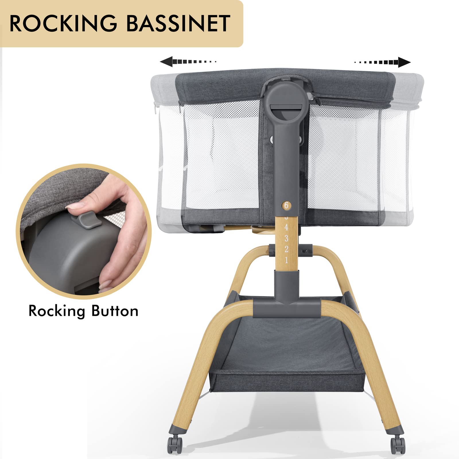 3 in 1 Baby Bassinet with Comfy Mattress - Adjustable Height, Portable Folding Crib with Wheels for Newborns | Bedside Sleeper, Rocking Bassinet for Nursery & Travel | Perfect for Co-Sleeping, Night Feeding & Room Sharing
