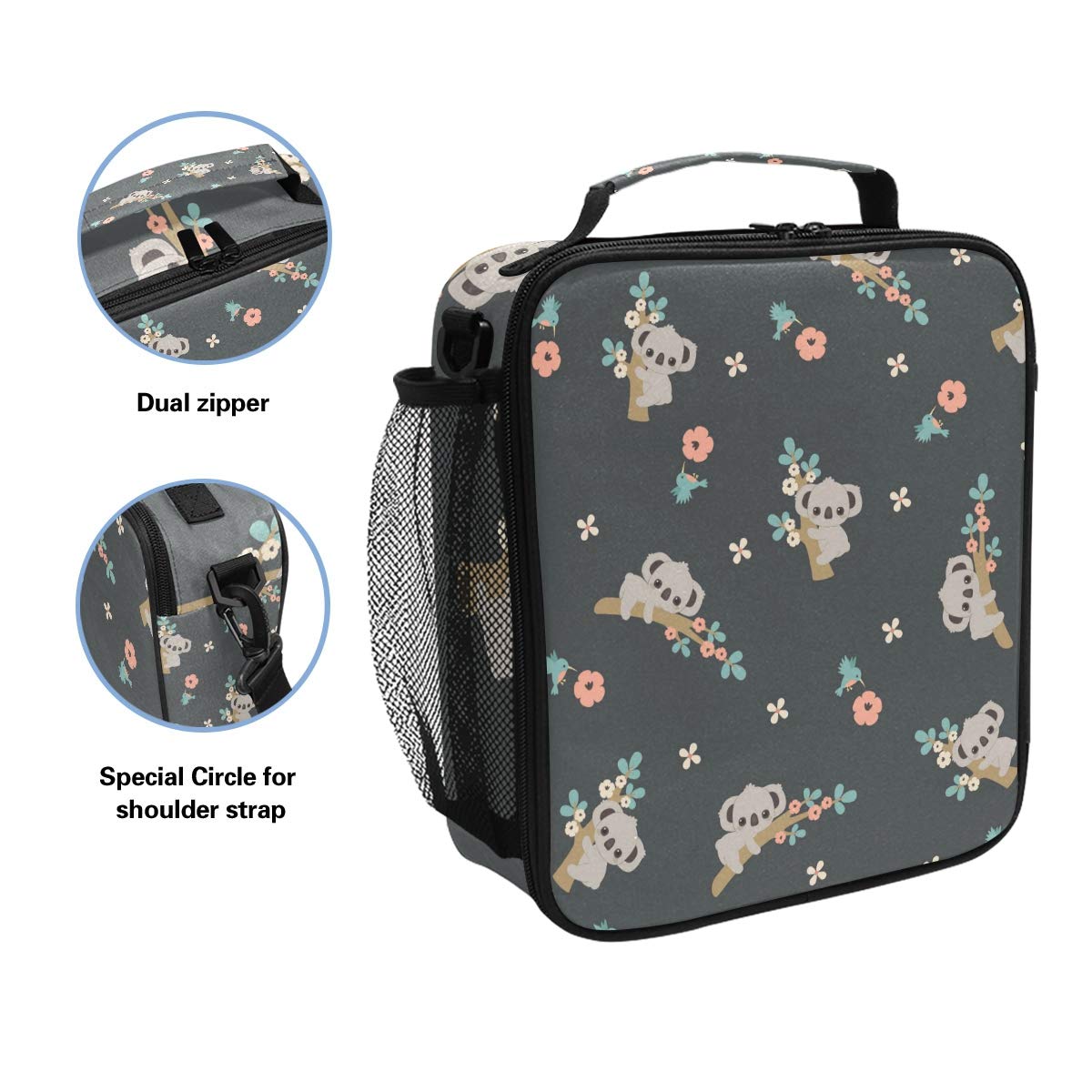 Insulated Koala Floral Bird Lunch Bag with Shoulder Strap - Leakproof Cooler Tote for School, Work & Picnics - Cute Lunchbox for Women, Men, Boys & Girls
