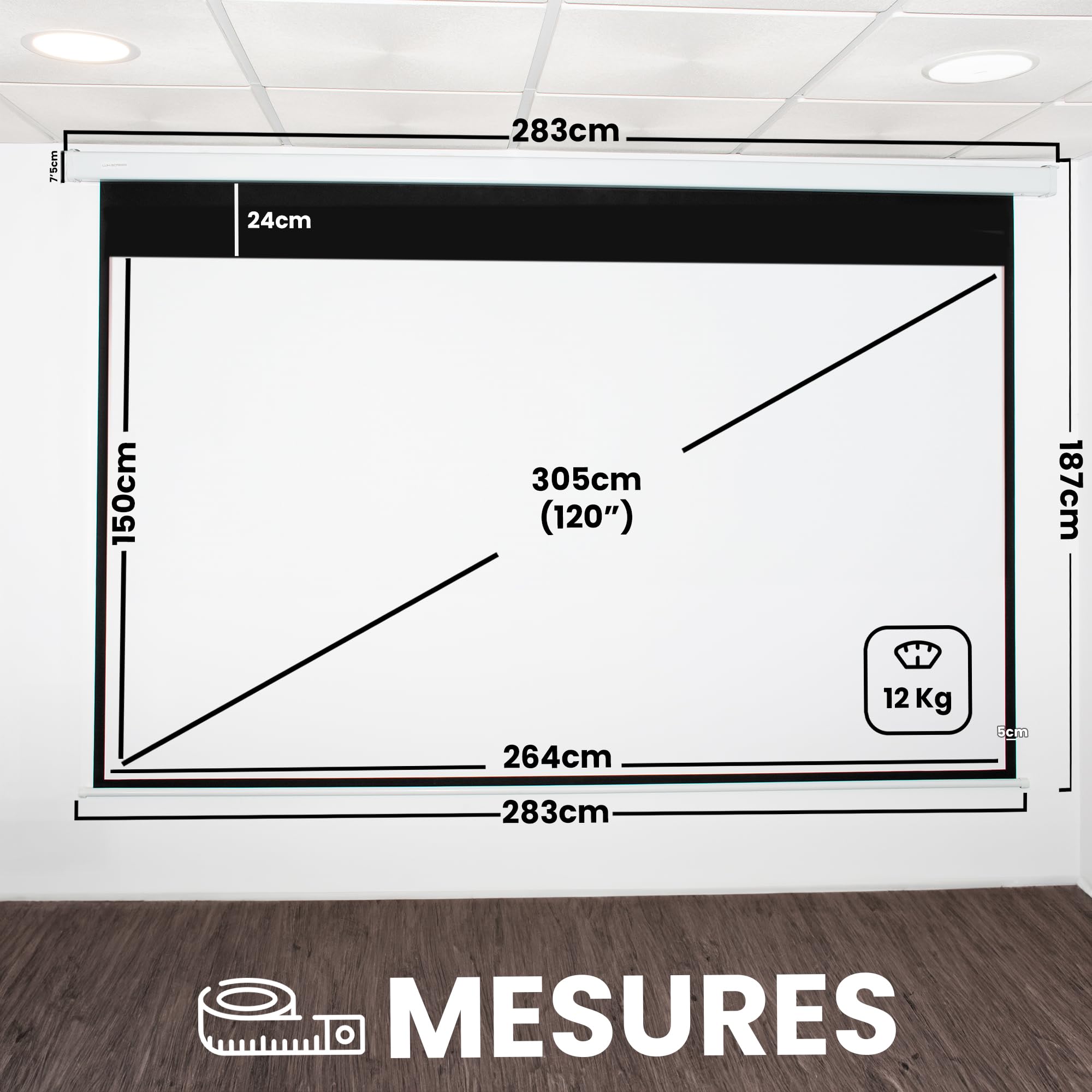 120 Inch Manual Pull Down Projector Screen 16:9 HD 4K 3D Ready - Wall/Ceiling Mountable Home Theater & Office Projection Screen (264x150cm) for Movies, Presentations & Gaming - Easy Height Adjustment & Compact Housing (283cm)