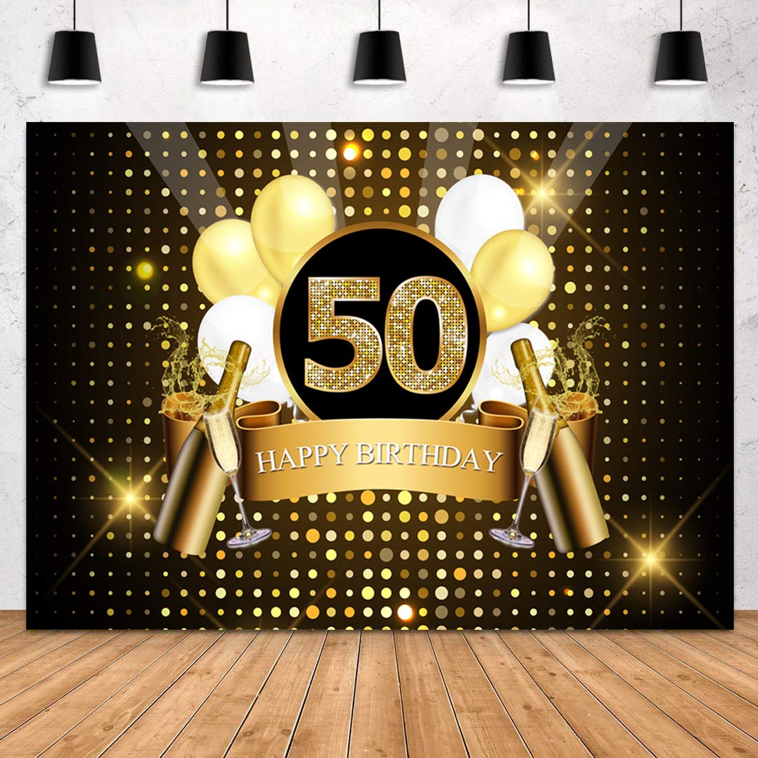 Sensfun Black & Gold Glitter 50th Birthday Backdrop - 8x6ft Photography Background for Adult Men's Fifty Years Old Party Decor, Photo Booth Props, Banner - Perfect for Birthday Celebrations, Photoshoots & Event Decorations