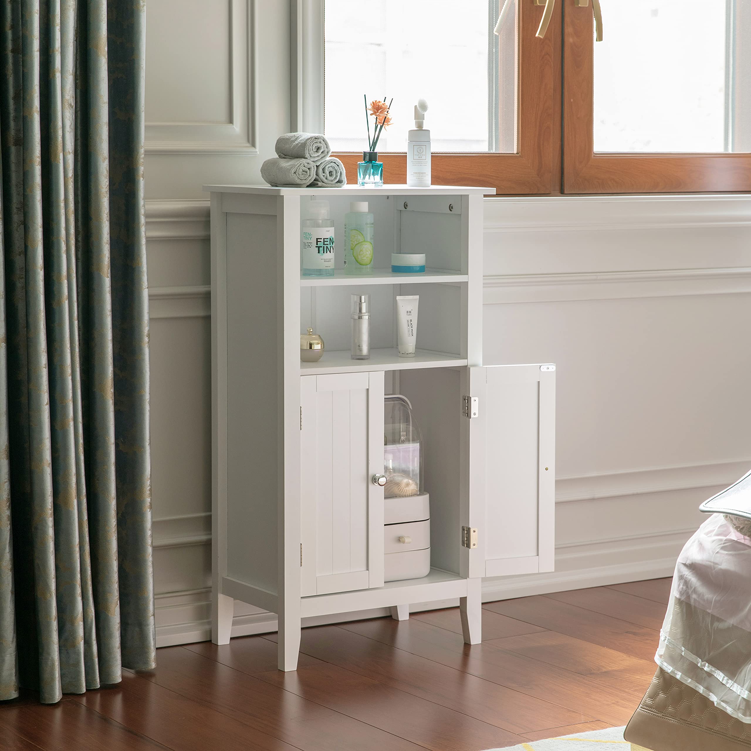 Basicwise White Storage Cabinet with Doors and 2 Open Shelves - Organizer for Bedroom, Bathroom & Vanity - Perfect for Closet Organization, Bath Essentials & Makeup Storage