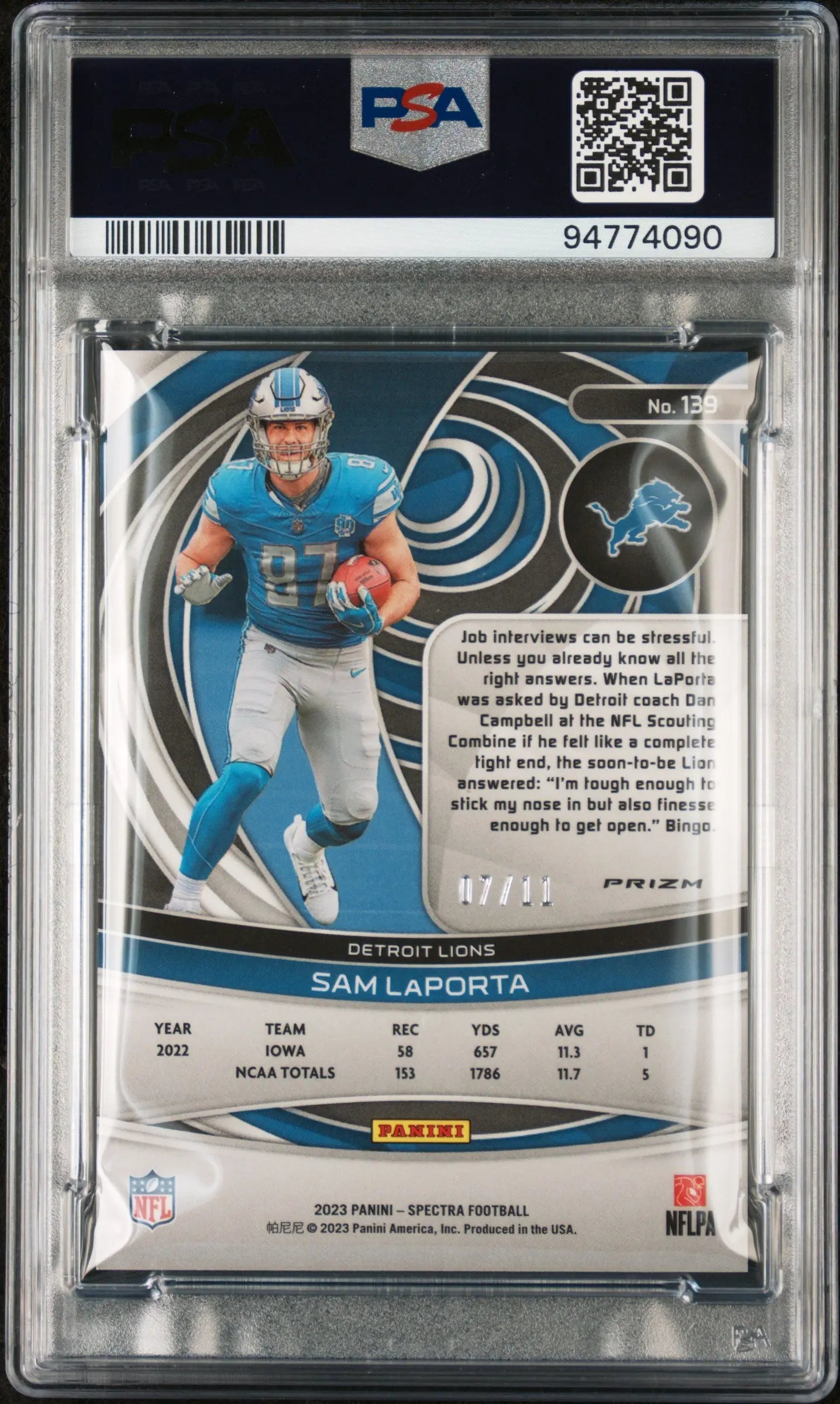 2023 Panini Spectra Sam LaPorta Rookie Card PSA 9 Wave 07/11 #139 - Football Collectible for Display & Investment