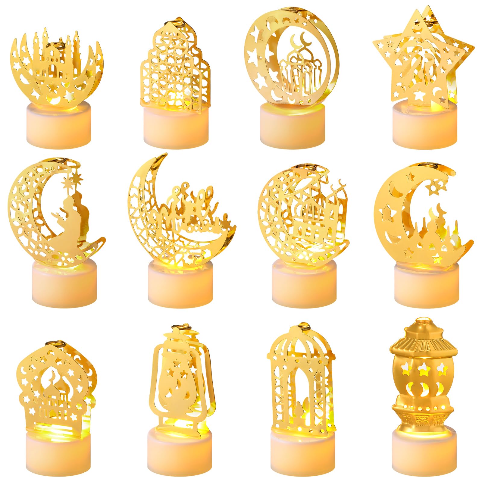 12 Pcs Ramadan Decorations - Eid Mubarak Battery Operated Mini Lantern Lights with LED Moon & Stars, Islamic Night Castle Tabletop Decor for Home, Bedroom, Indoor & Outdoor Party Gifts - Perfect for Ramadan Celebrations, Eid al-Fitr Festivities, and Islamic Home Decor