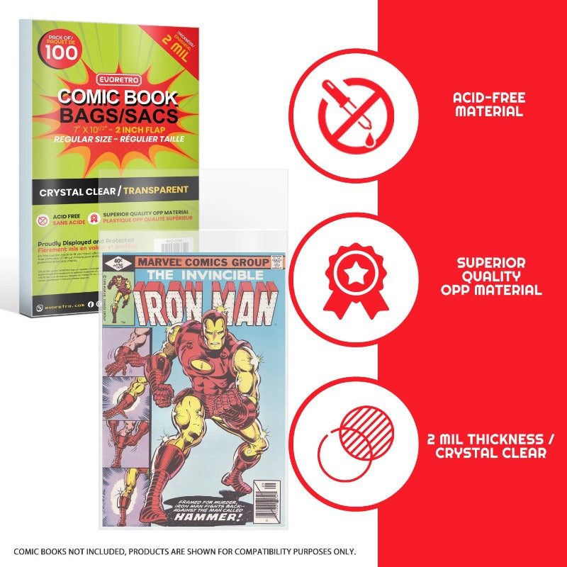 Evoretro 2 MIL Clear Comic Book Bags for Regular Comics - Acid-Free Archival Protection for Collectible Storage & Display