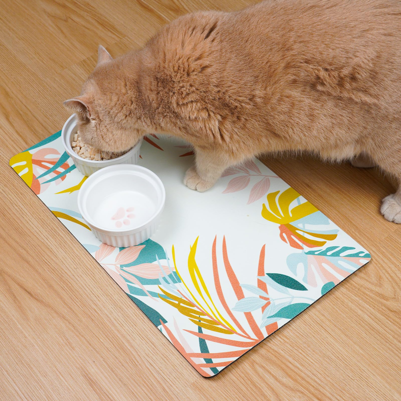Quick Absorbent Pet Food Mat for Cats & Dogs - Non-Slip Waterproof Feeding Mat for Indoor Use, Easy to Clean & Stain Resistant - Boho Leaf Design 12x19 Inches - Perfect for Messy Eaters & Under Food Bowls