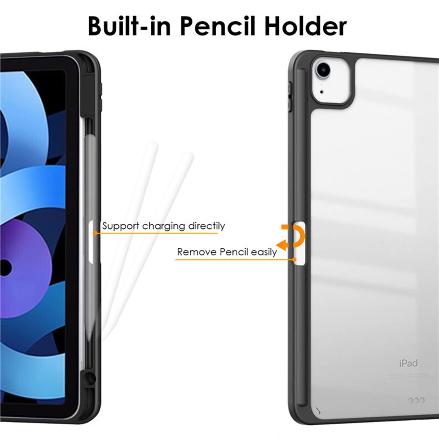 HUEZOE iPad Air 5/4 & iPad Pro 11 Case (2022/2021/2020/2018 Models) - Hard Acrylic Back Cover with Pencil Holder, Auto Sleep/Wake Feature - Black - Perfect for Work, School & Travel Protection