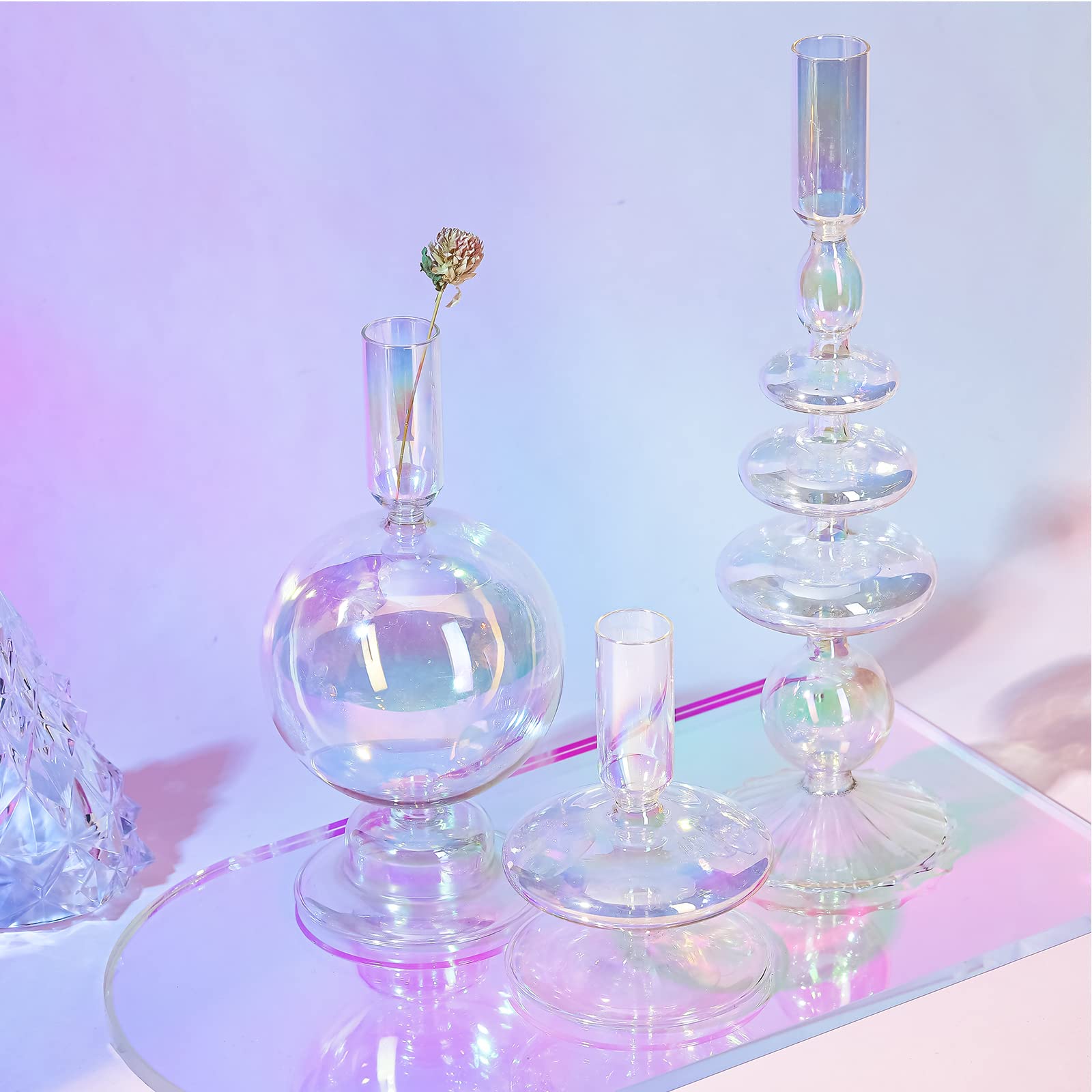 Rtteri 3-Piece Set of Colorful Glass Candlestick Holders - Elegant Wavy Taper Candle Holders for Home Decor, Wedding Centerpieces & Party Table Decorations
