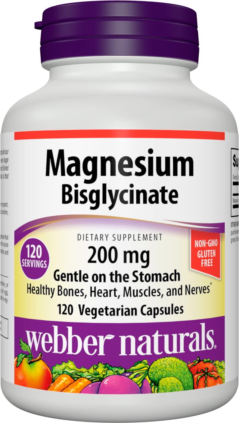 Webber Naturals Magnesium Bis-Glycinate 200mg - 120 Vegetarian Capsules | Highly Absorbable & Stomach-Friendly | Supports Bone, Teeth & Muscle Health | Gluten-Free, Dairy-Free & Vegan Formula | Ideal for Active Lifestyles & Daily Wellness