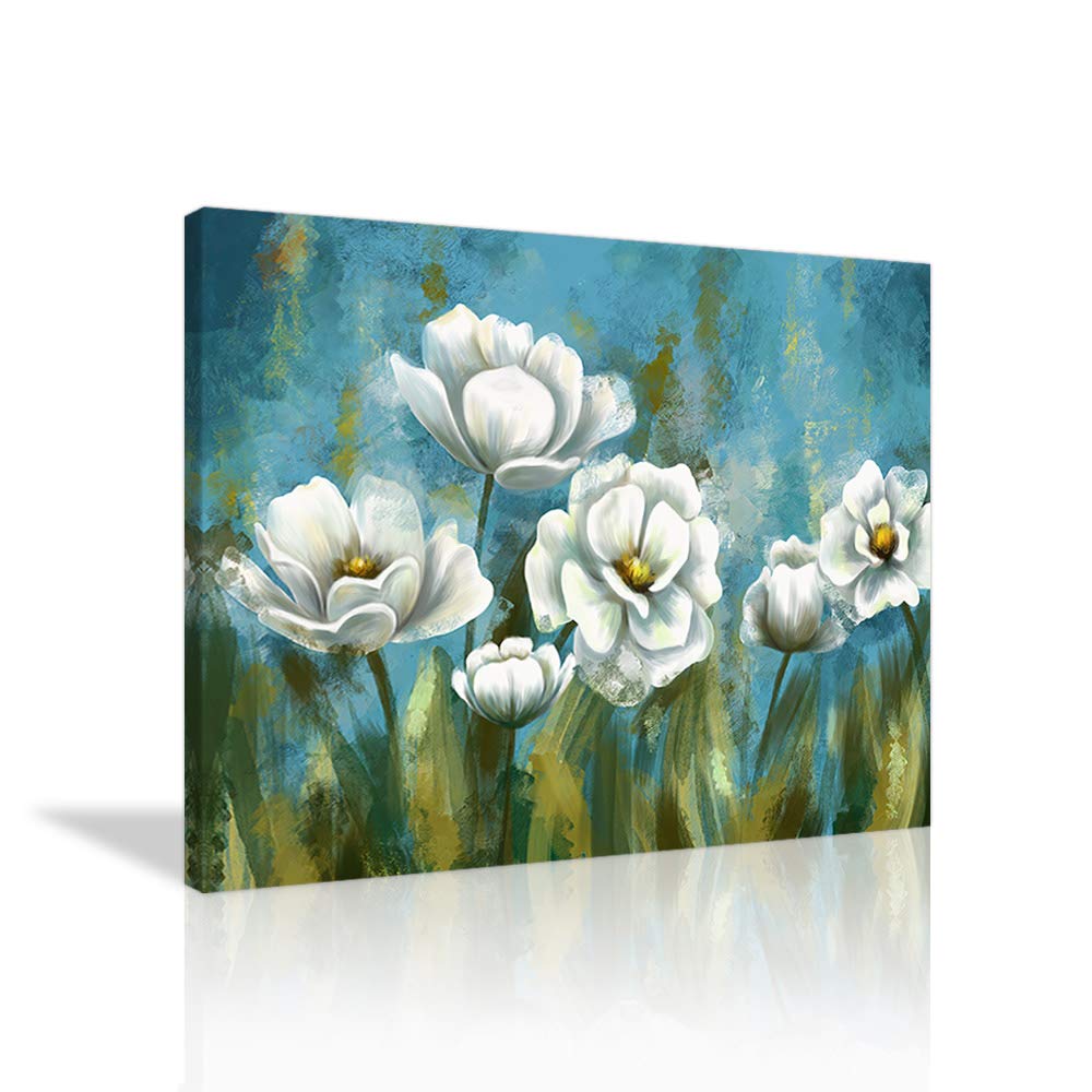 Abstract Floral Canvas Wall Art - Teal Blue Flower Painting Poster Print, Framed Ready to Hang 24x16 Inches - Modern Home Decor for Bedroom, Bathroom & Living Room