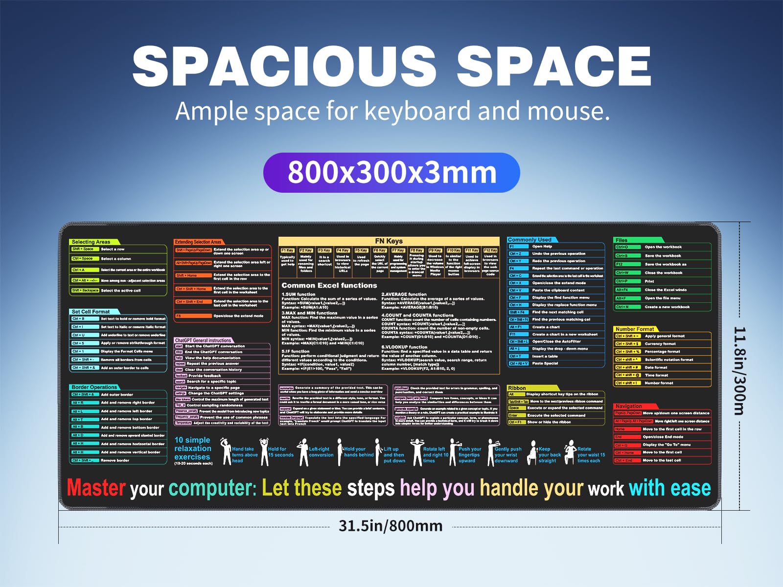 Waterproof Mouse Pad with Excel Cheat Sheet - 9 Major Excel Function Modules & Common Shortcuts - Extra Large XL Desk Mat for Gaming, Office & Computer Work - Perfect for Excel Users, Programmers & Gamers