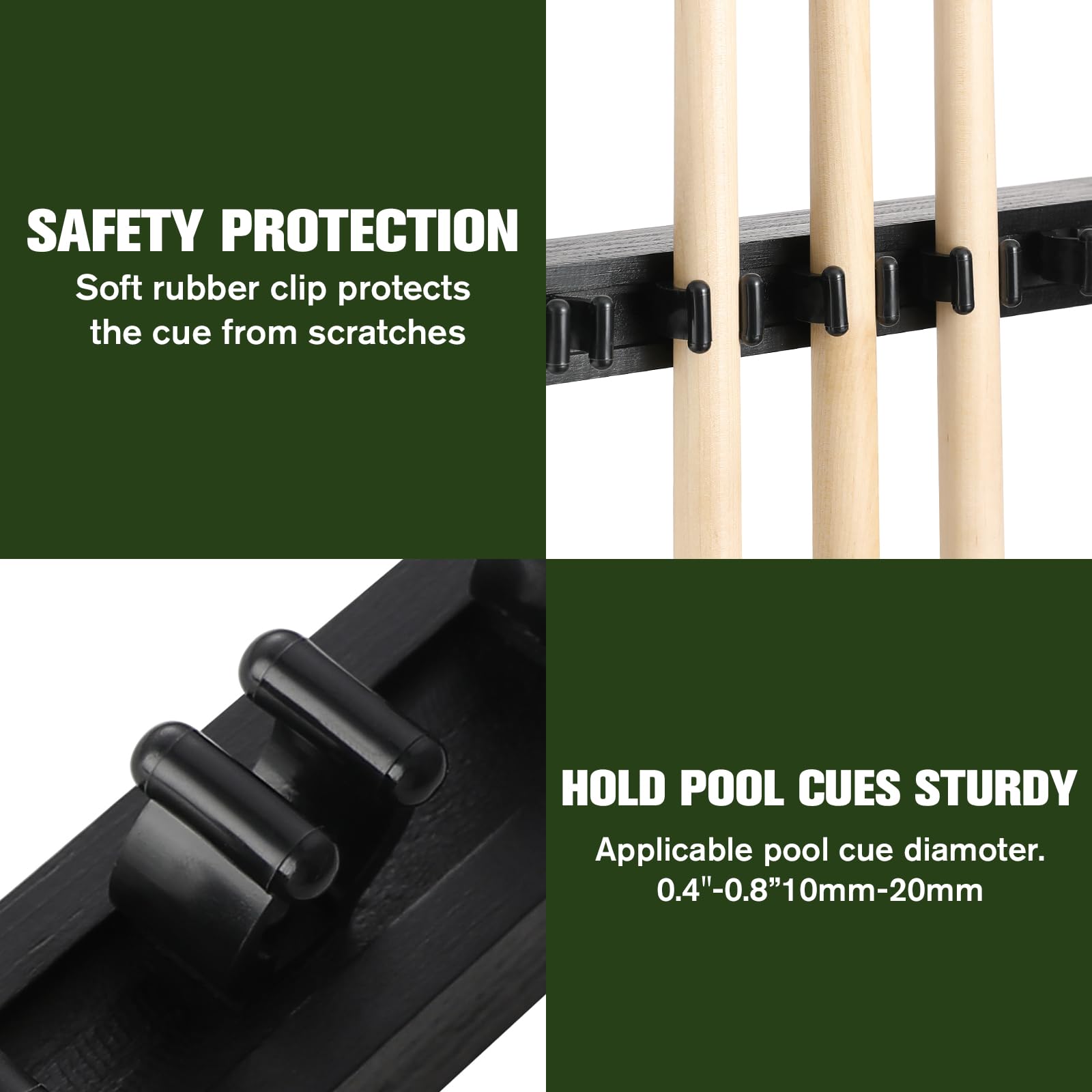 Wall Mounted Pool Cue Holder - Holds 6/8 Billiard Sticks - Durable Pool Accessory for Game Room, Bar or Home Decor