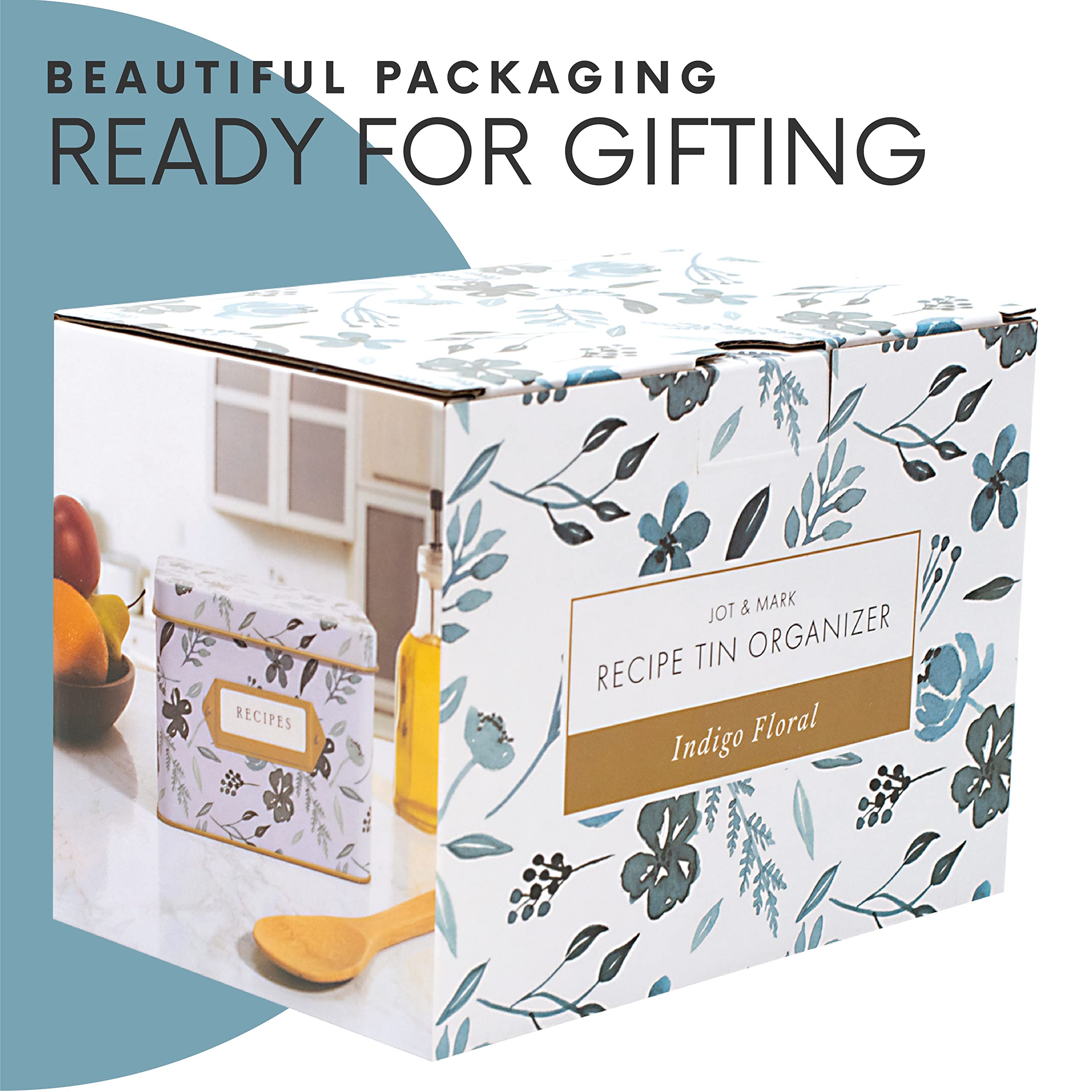 Jot & Mark Recipe Card Gift Box - 25 Pack 4x6 Inch Blank Recipe Cards with 14 Dividers & Decorative Tin Storage Box - Perfect for Organizing Family Recipes, Meal Planning, and DIY Cookbook Gifts