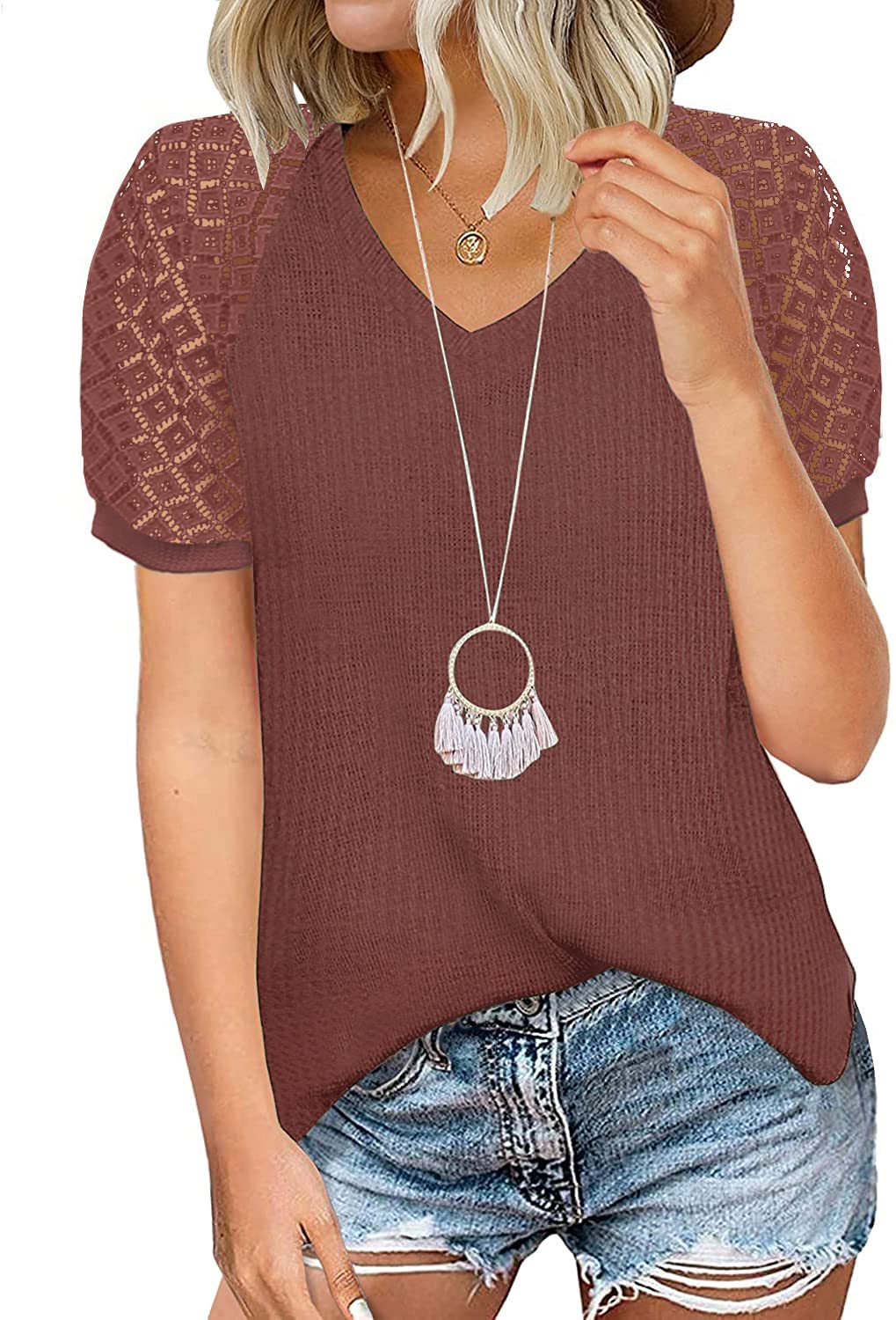 Women's Lace Patchwork Blouse - Short & Long Sleeve Waffle Knit Tunic Top with Crew Neck | Casual Loose Puff Tee Shirt for Work, Date Night & Everyday Wear