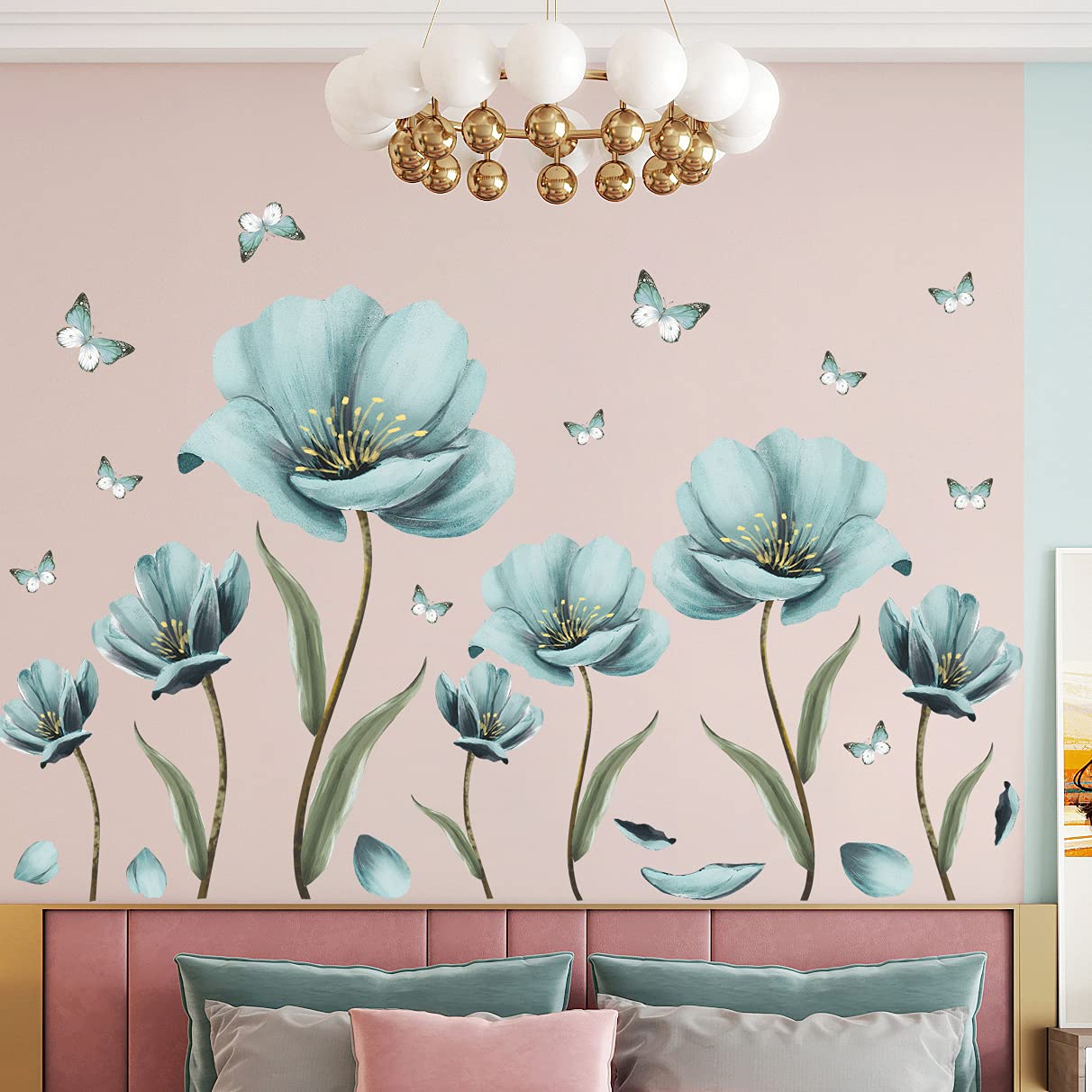Creative Removable 3D Nursery Flower Wall Decals - DIY Romantic Floral Butterfly Leaf Wall Stickers - Kids Room Decor for Girls Bedroom, Living Room & Home - Light Green Wall Art Murals - Perfect for Nursery Decor, Baby Shower Gifts & Home Interior Design