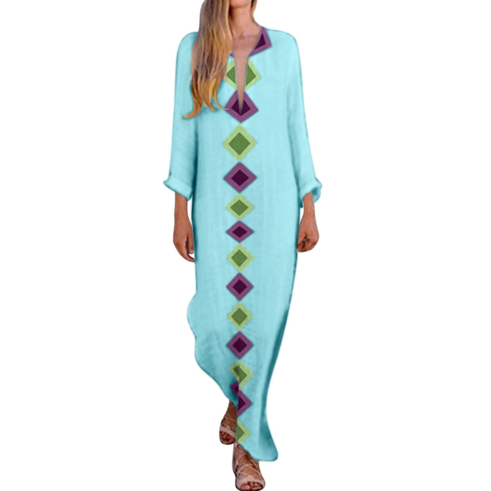 Women's Loose Cotton Linen Floral Boho Maxi Dress with Contrast Long Sleeves - Casual Vintage Plus Size Robe for Beach, Summer Vacation & Boho Fashion