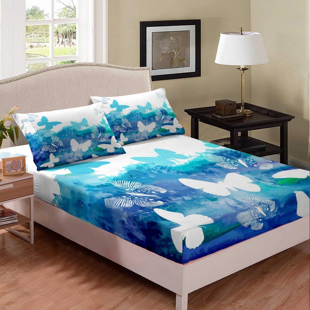 Kids Cartoon Butterfly Silhouette Twin Bed Sheet Set - Blue Animal Art Painting 2-Piece Bedding for Children's Room | Soft & Comfortable Bed Sheets for Boys & Girls | Perfect for Nursery, Daycare or Sleepovers
