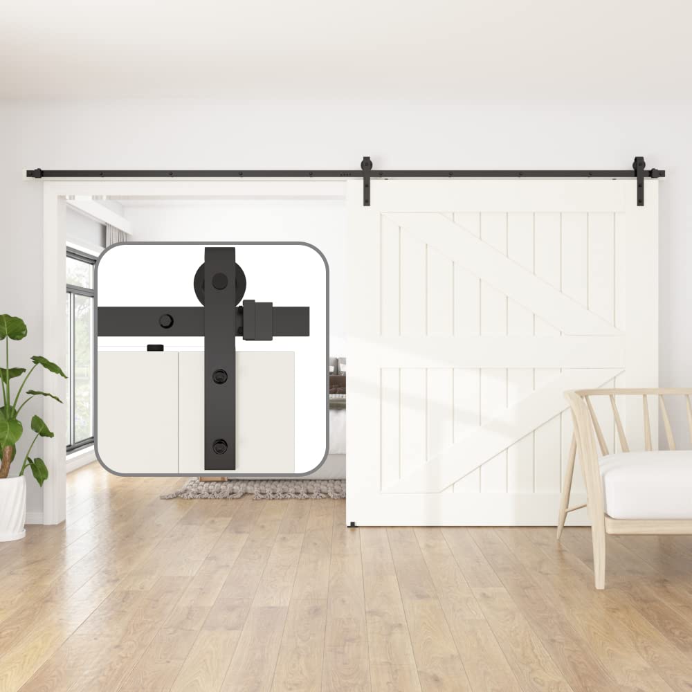 SANKEYTEW 11ft Heavy Duty Single Barn Door Hardware Kit - Black J-Shape Track System for Smooth & Quiet Sliding - Perfect for Bedrooms, Closets, and Home Offices