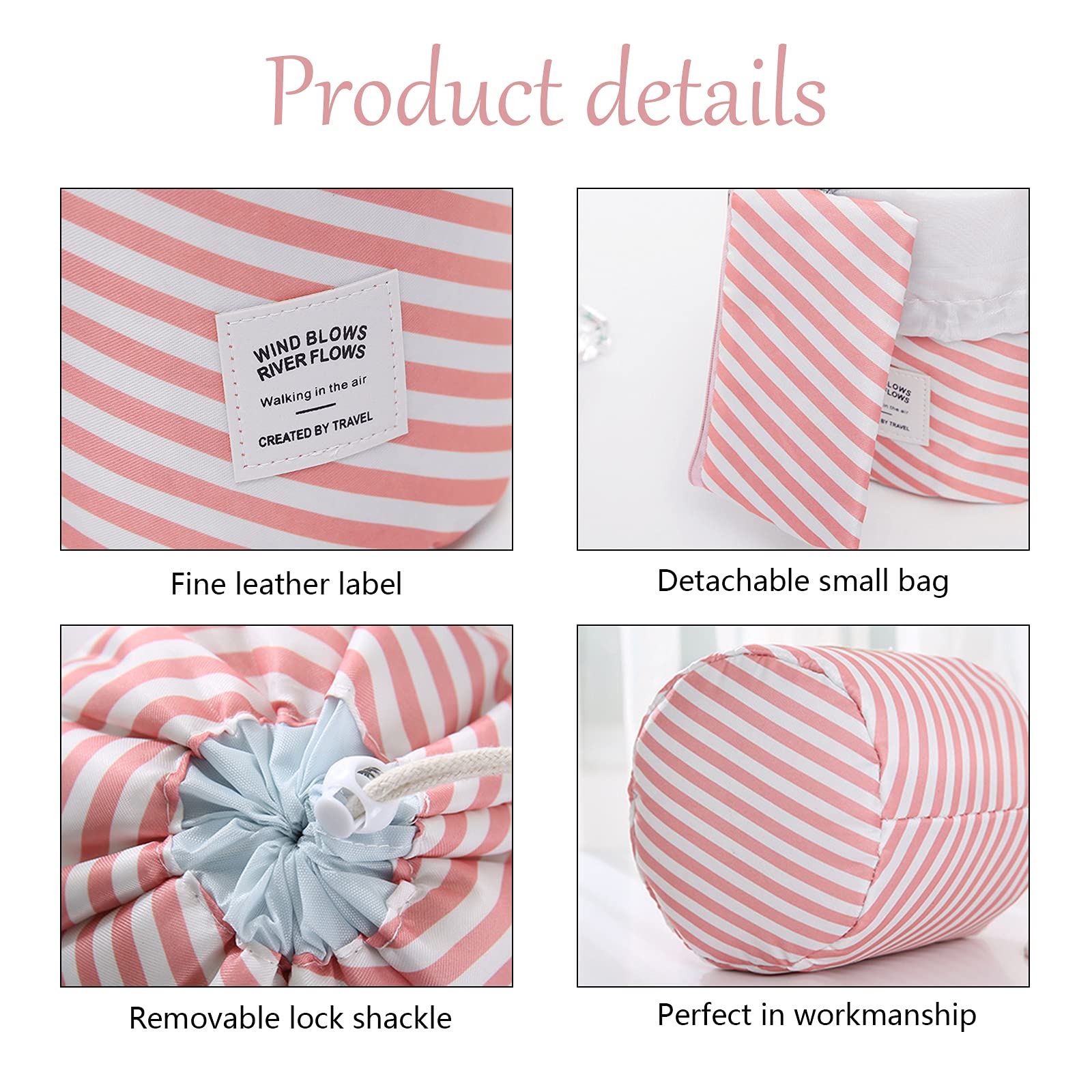 INVODA Large Waterproof Cosmetic Bag for Women - Portable Foldable Makeup Organizer with Drawstring, Multifunctional Travel Toiletry Pouch (Stripe Pink) | Perfect for Travel, Gym, Beach & Daily Makeup Storage