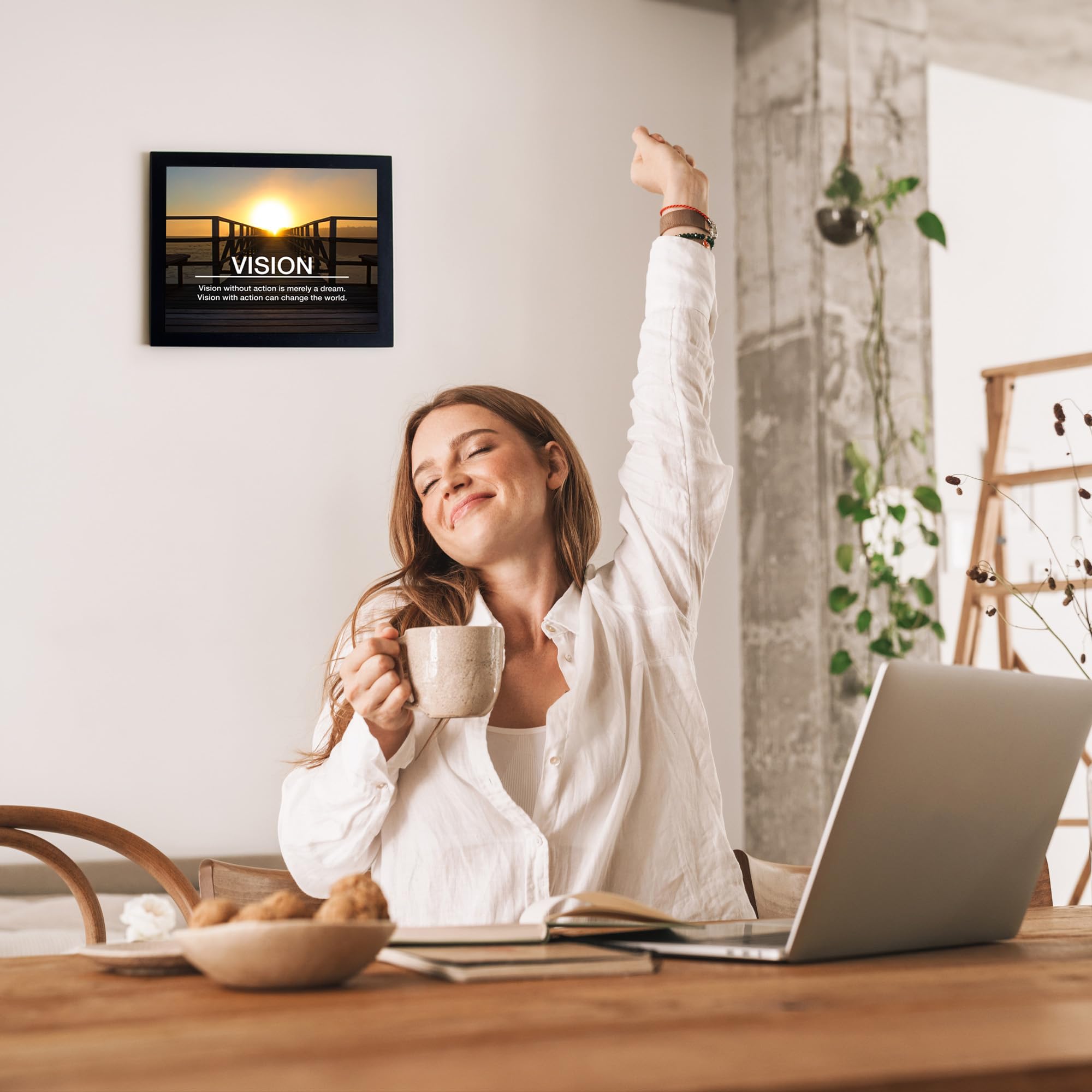 Vision With Action - Motivational Wall Art Print, Ocean Sunset Inspirational Decor for Living Room, Bedroom, Office & Workplace - Unframed 10x8 - Perfect for Home, School & Office Motivation