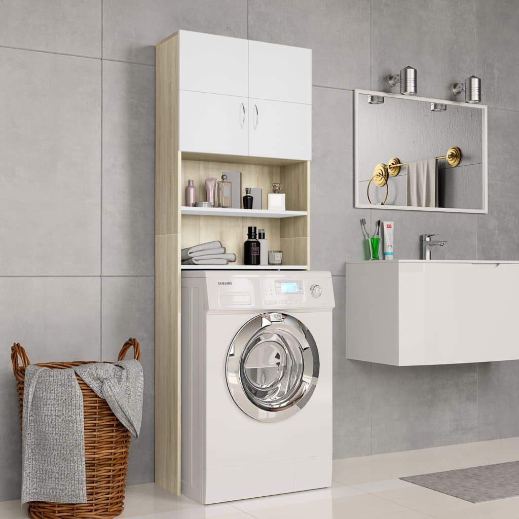 vidaXL White & Sonoma Oak Washing Machine Shelf - 2-Door 2-Open Compartment Storage Cabinet for Laundry Room, Bathroom & Toilet - 25.2x10x74.8 Inch Chipboard Washer Dryer Organizer - Space Saving Home Storage Solution