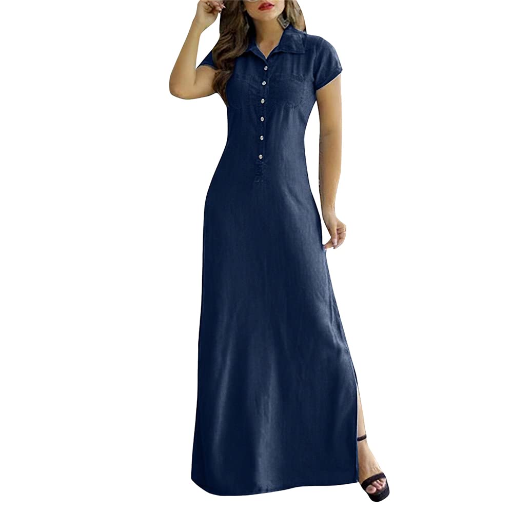 TIAFORD Women's Casual Denim Shirt Dress - Oversized Lapel Button Down Short Sleeve Maxi Dress with Pockets & Side Slits | Perfect for Summer Outfits, Beach Cover-ups & Casual Street Style
