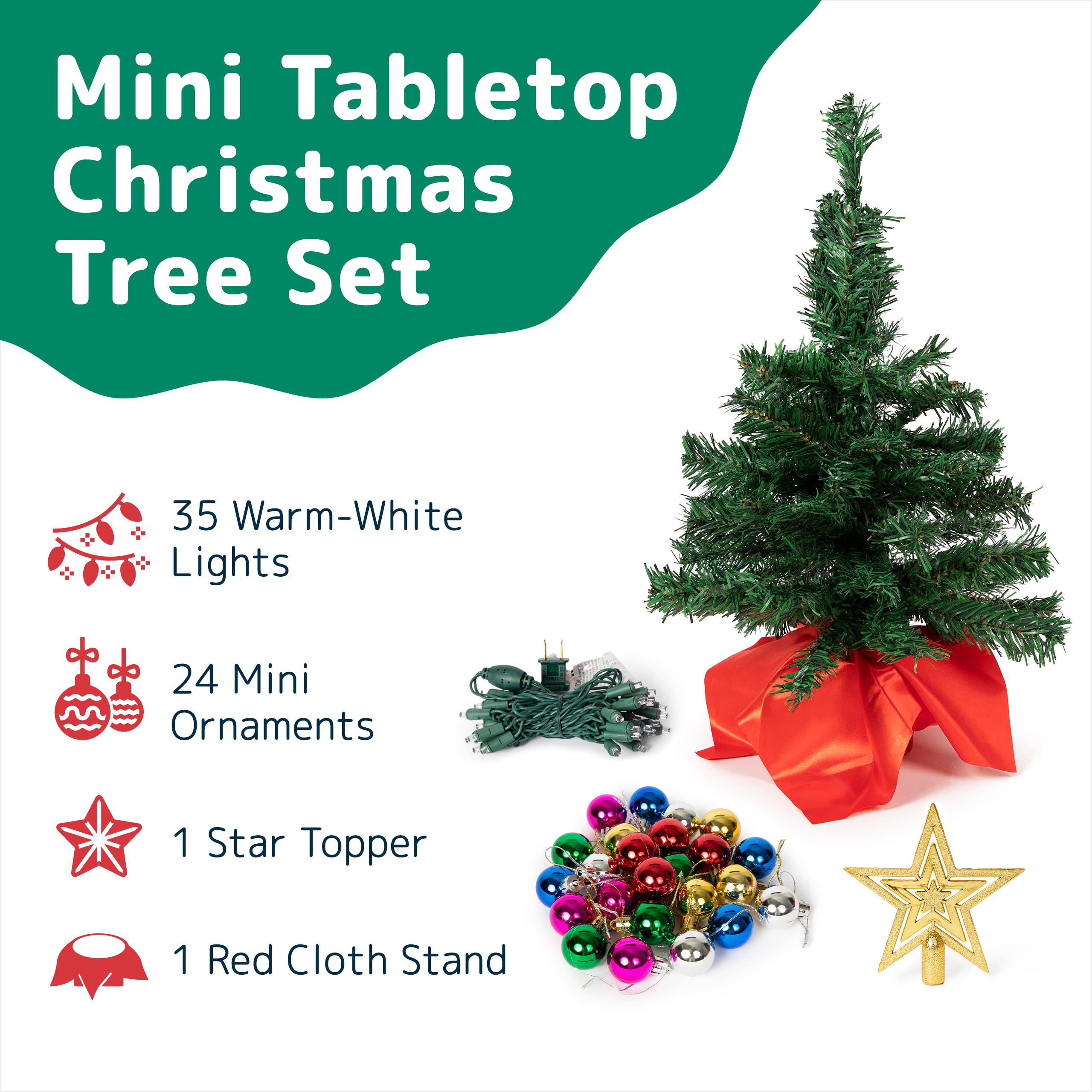 Prextex 22-Inch Mini Christmas Tree with Warm White LED Lights, Ornaments & Gift Boxes - Small Decorative Tabletop Christmas Tree for Home, Office, Party & Holiday Decor - Perfect for Mantel, Desk, Shelf or Entryway Decorations