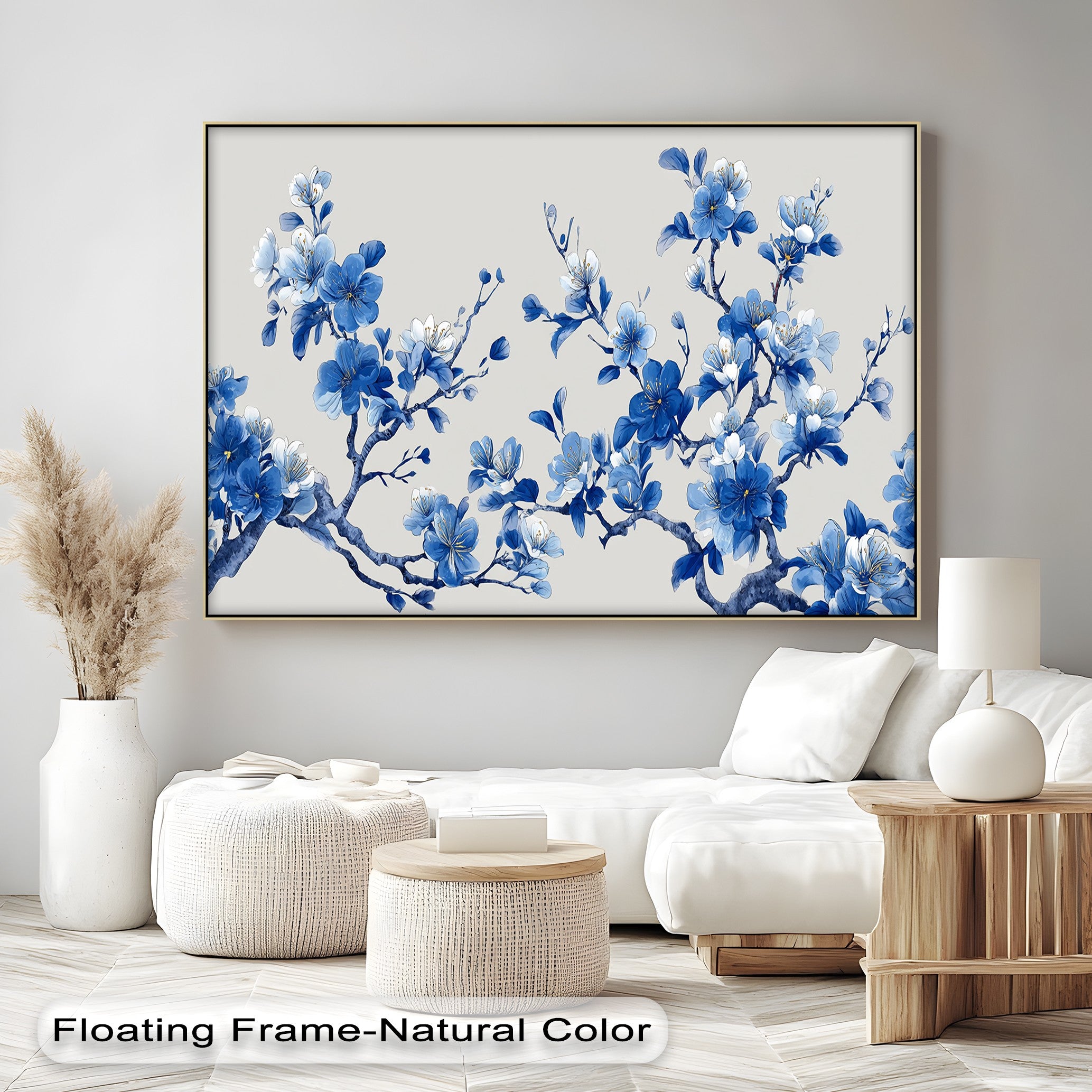 Blue Blossom Harmony Cherry Blossom Branch Canvas Wall Art - Japanese Style Floral Painting for Living Room, Bedroom & Office Decor