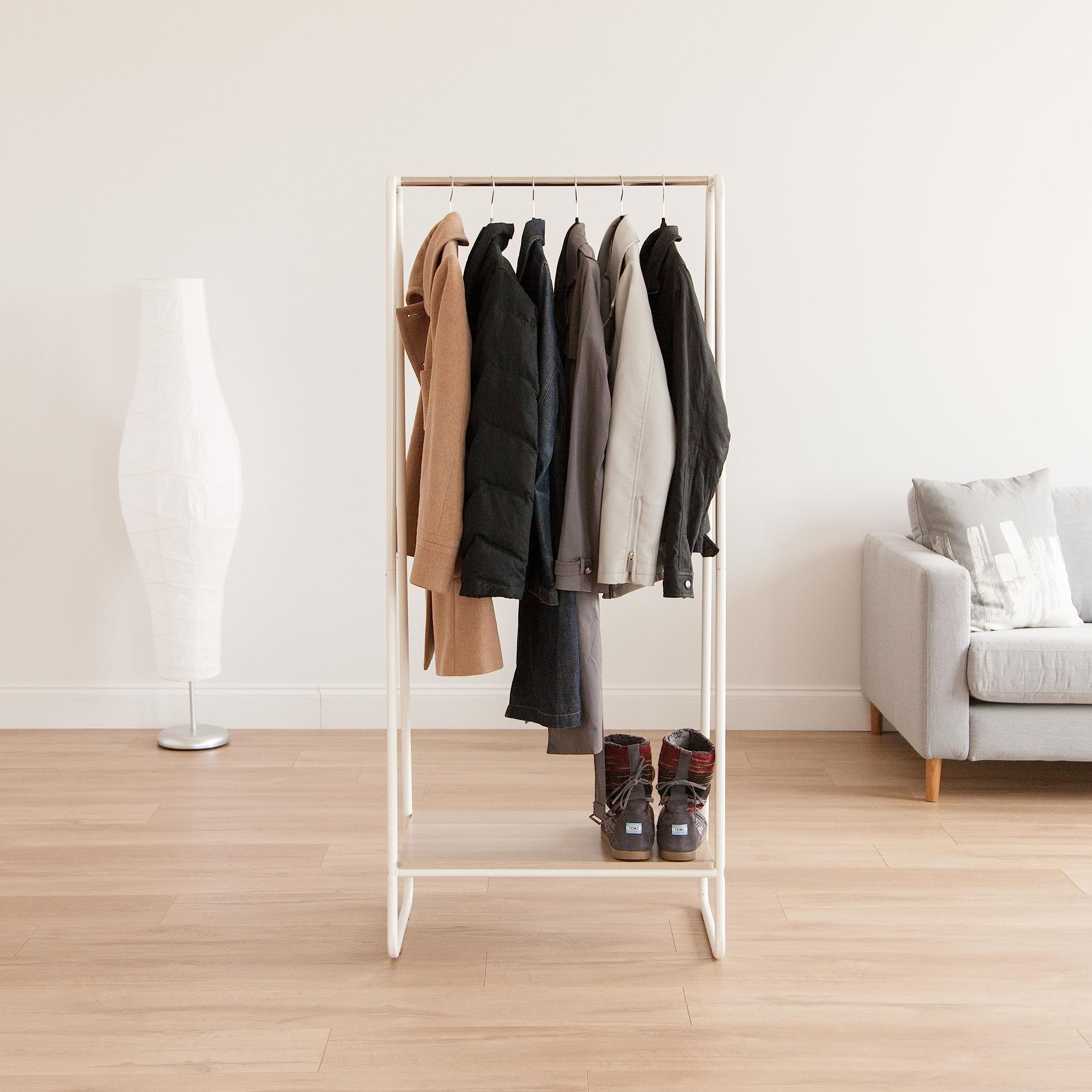IRIS USA Freestanding Clothes Rack with Wood Shelf - Sturdy Metal Garment Rack for Hanging Clothes | Easy Assembly Space-Saving Storage Solution for Bedroom, Closet & Laundry Room (White)