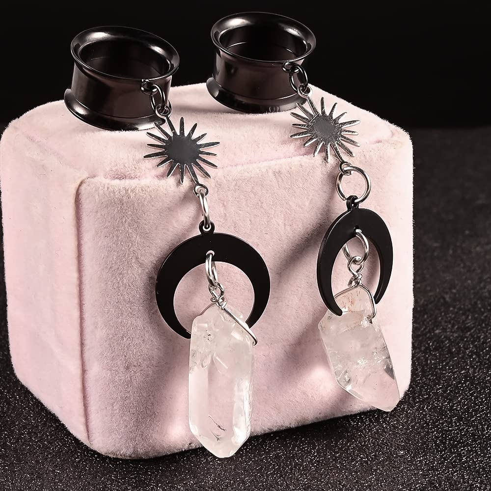 2PCS Moon Pendant Natural Stone Stainless Steel Dangle Ear Plugs Tunnels Stretcher Piercing Body Jewelry for Women Men - Boho Chic Style for Parties, Concerts & Everyday Wear