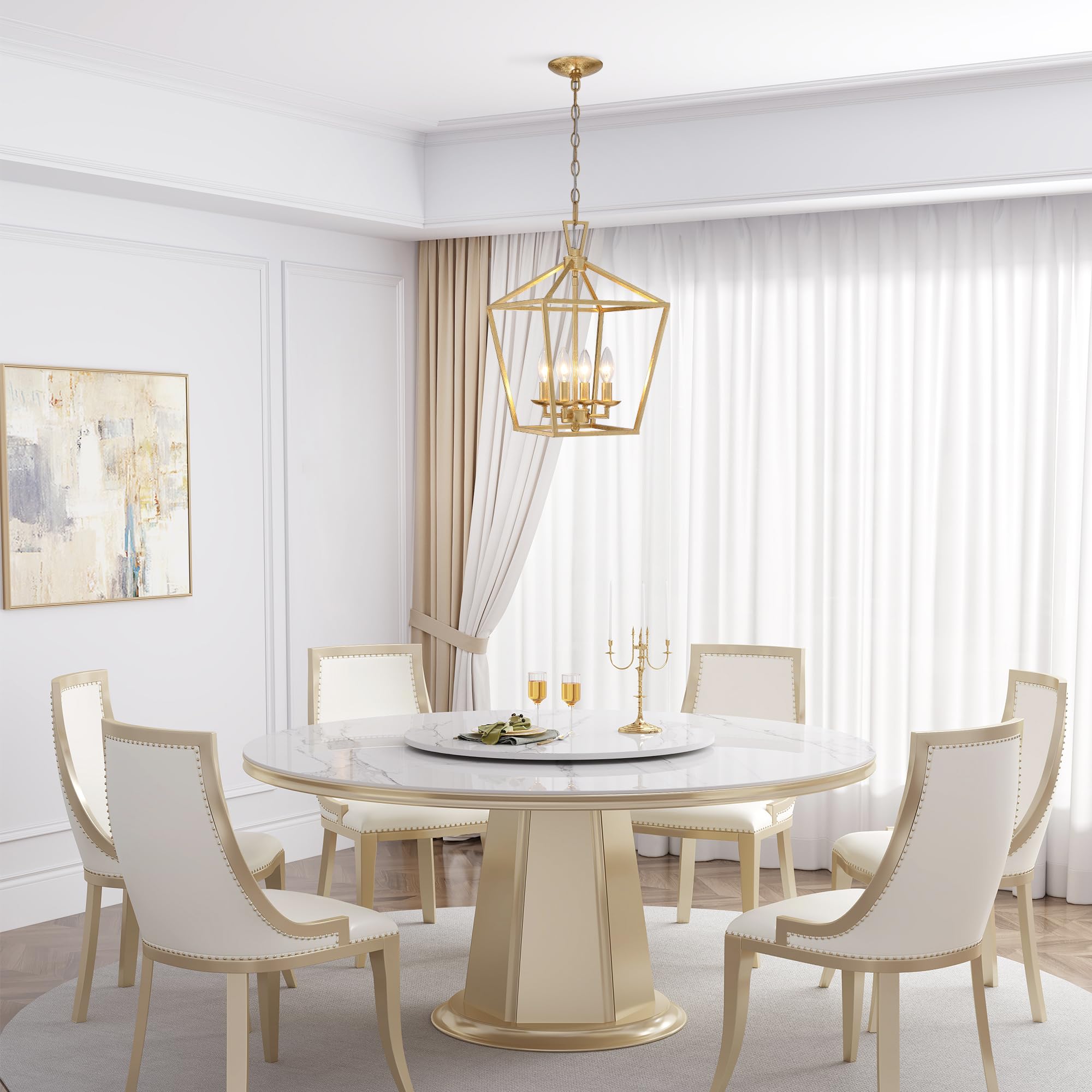 Untrammelife 4-Light Aged Gold Lantern Pendant Light - Adjustable Height Metal Geometric Chandelier with 12’’ Classic Cage Design & Hand-Pasted Gold Foil Finish - Perfect for Kitchen Island, Dining Room, Hallway, and Entryway Lighting