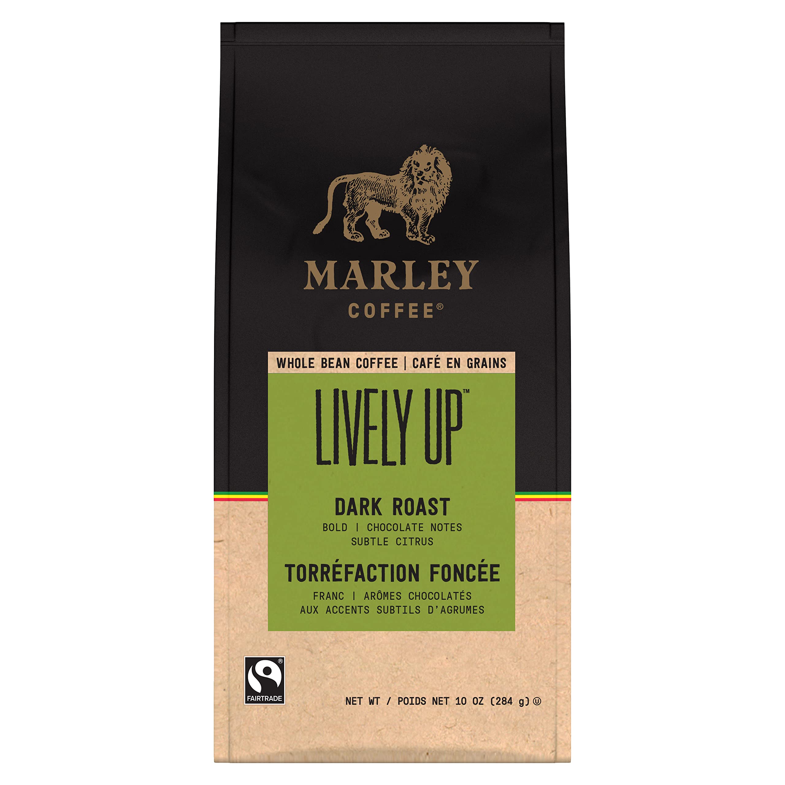 Marley Coffee Lively Up Whole Bean Dark Roast Coffee - 10oz Bag | Premium Organic Coffee Beans for French Press, Drip & Espresso | Perfect for Morning Brew & Gifts