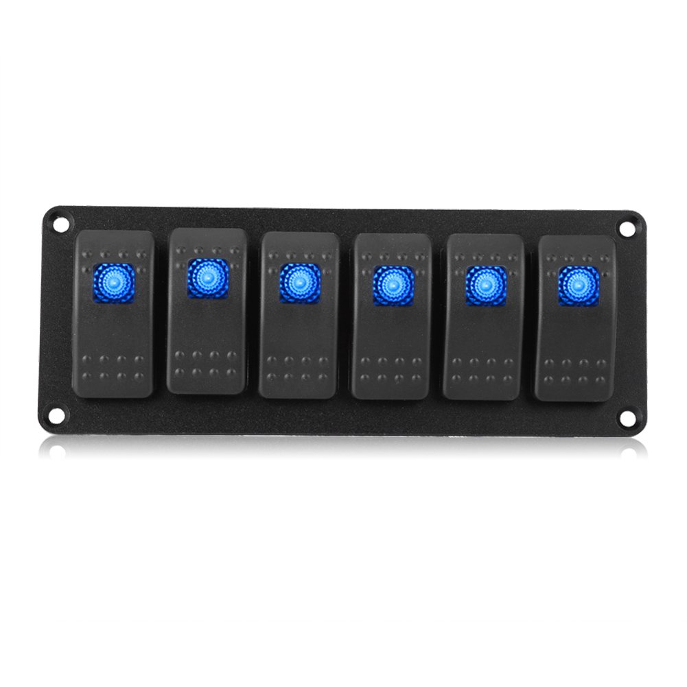6 Gang Rocker Switch Panel with Decal Sticker Labels 12-24V - Waterproof Blue LED Toggle Control Panel for Car, Marine Boat, Trailer, RV, Truck - Perfect for Off-Roading, Camping & Vehicle Customization