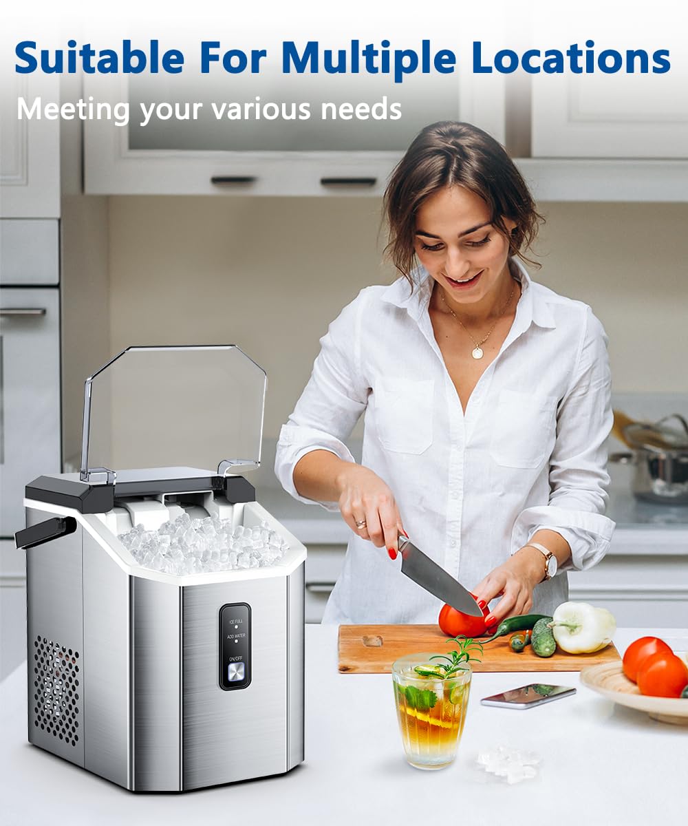Joy Pebble Nugget Stainless Steel Ice Maker Machine - 10,000pcs/33lbs Daily Output, Portable Countertop Ice Maker with Self-Cleaning Function, Includes Ice Scoop & Basket (Silver) - Perfect for Home Bars, Parties, Offices and Outdoor Camping