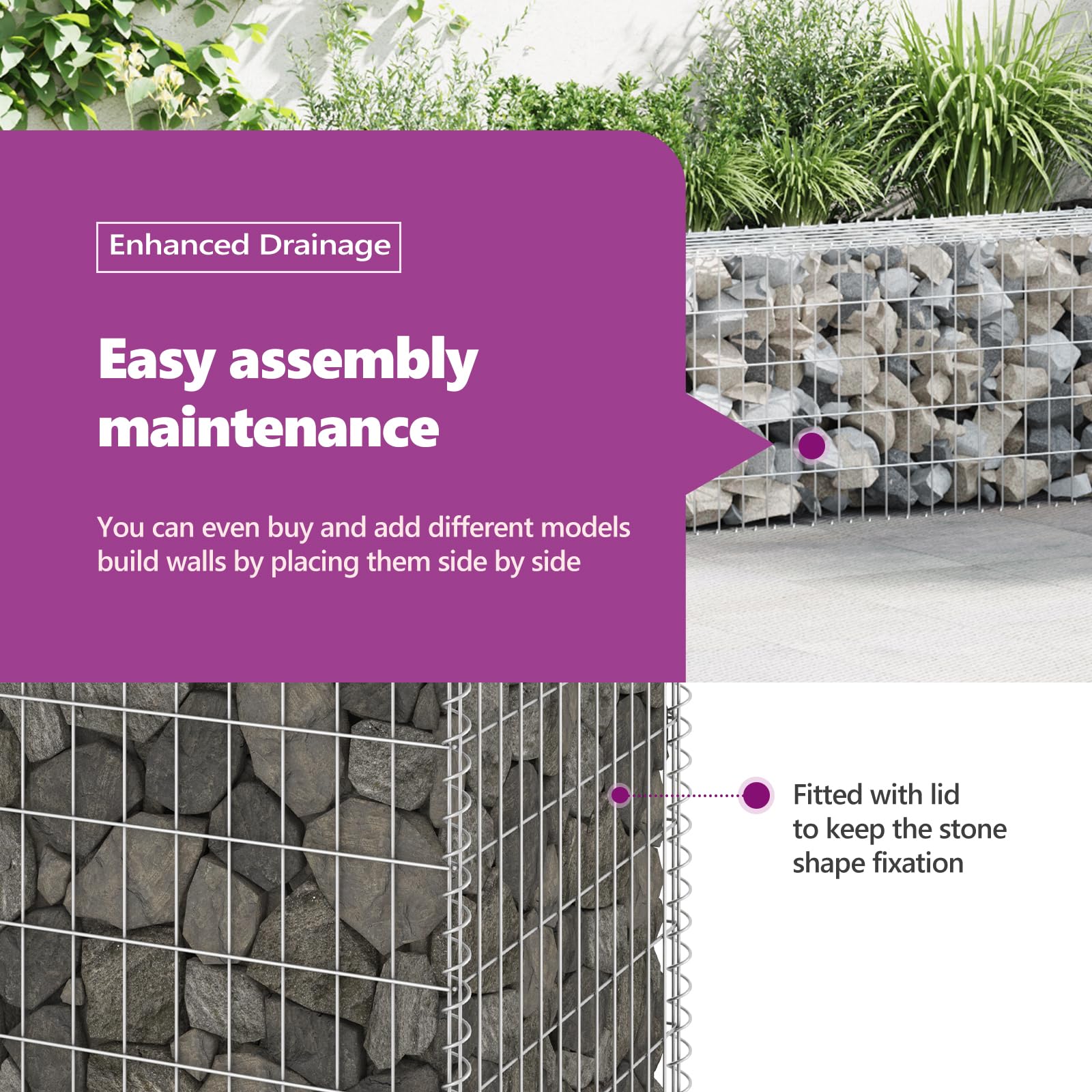 vidaXL Galvanized Steel Gabion Basket with Lids - Heavy Duty Rectangular Garden Gabion Wall Cage (354.3